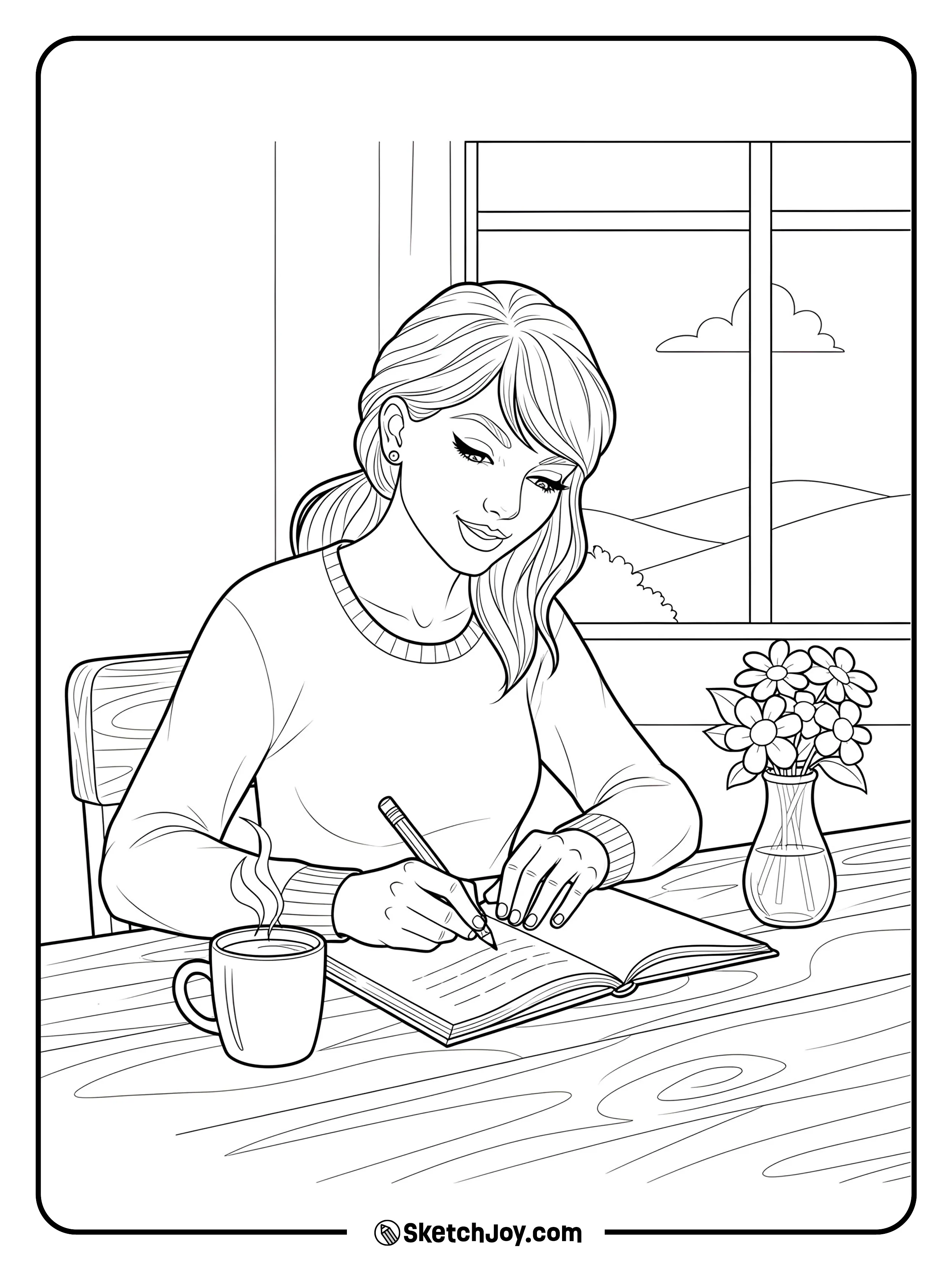 Taylor Swift sitting down to write a new song in her notebook.