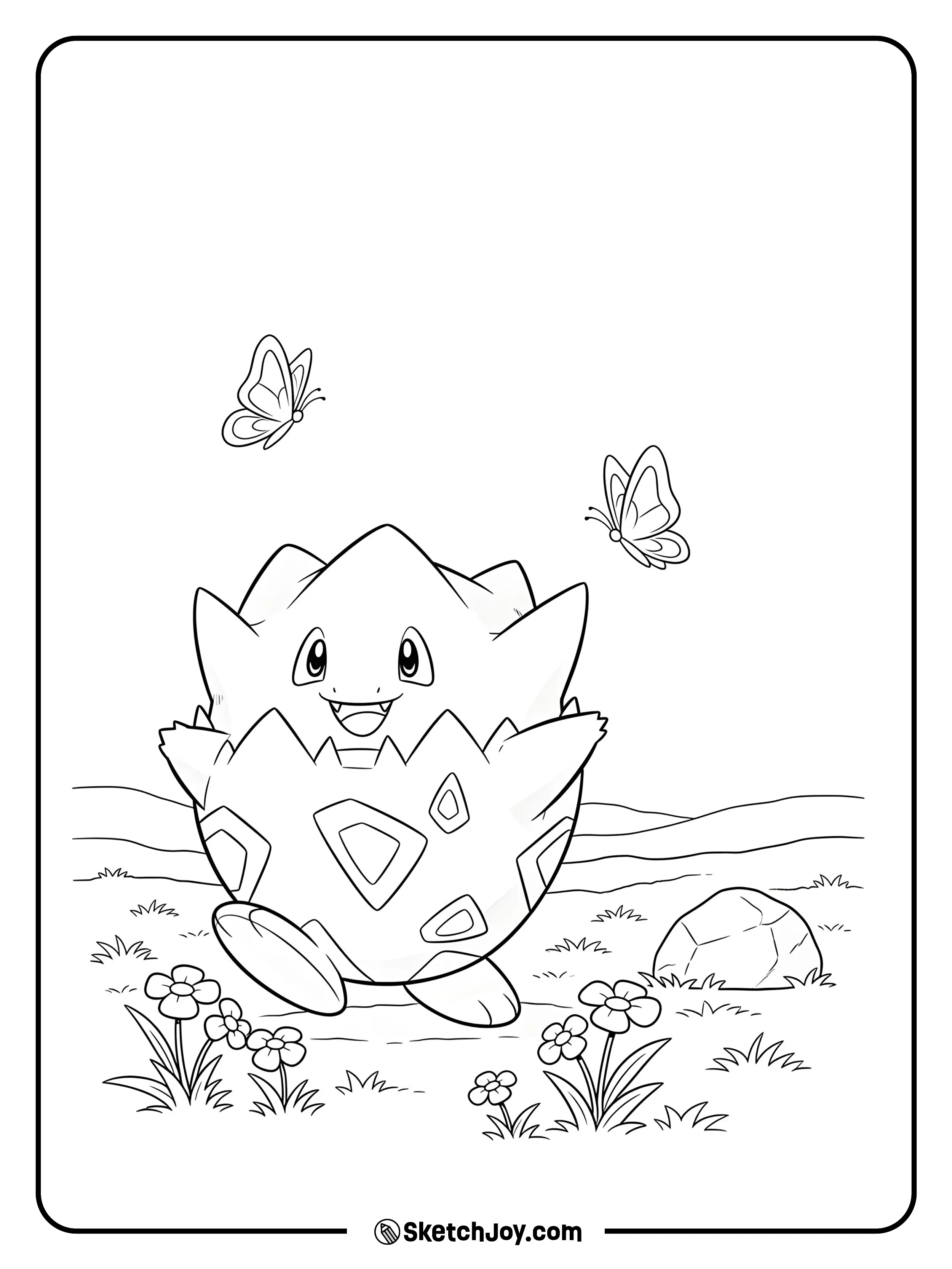 Togepi explores a tiny flower garden happily.