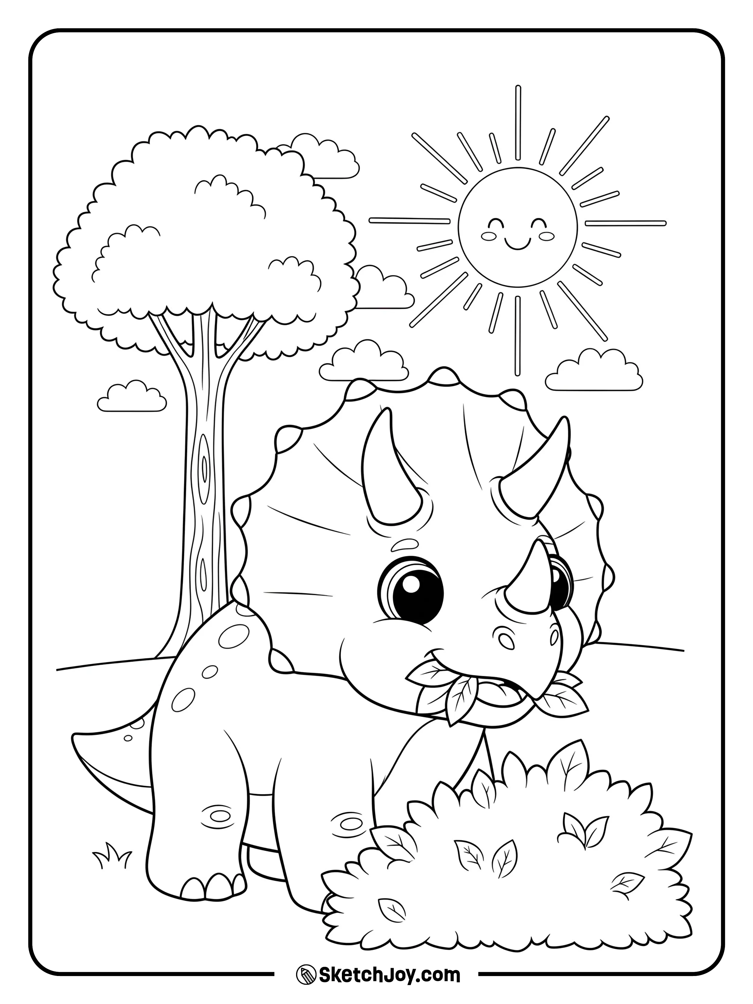 Triceratops is munching on leaves from a low bush with a tree and sun in the background.