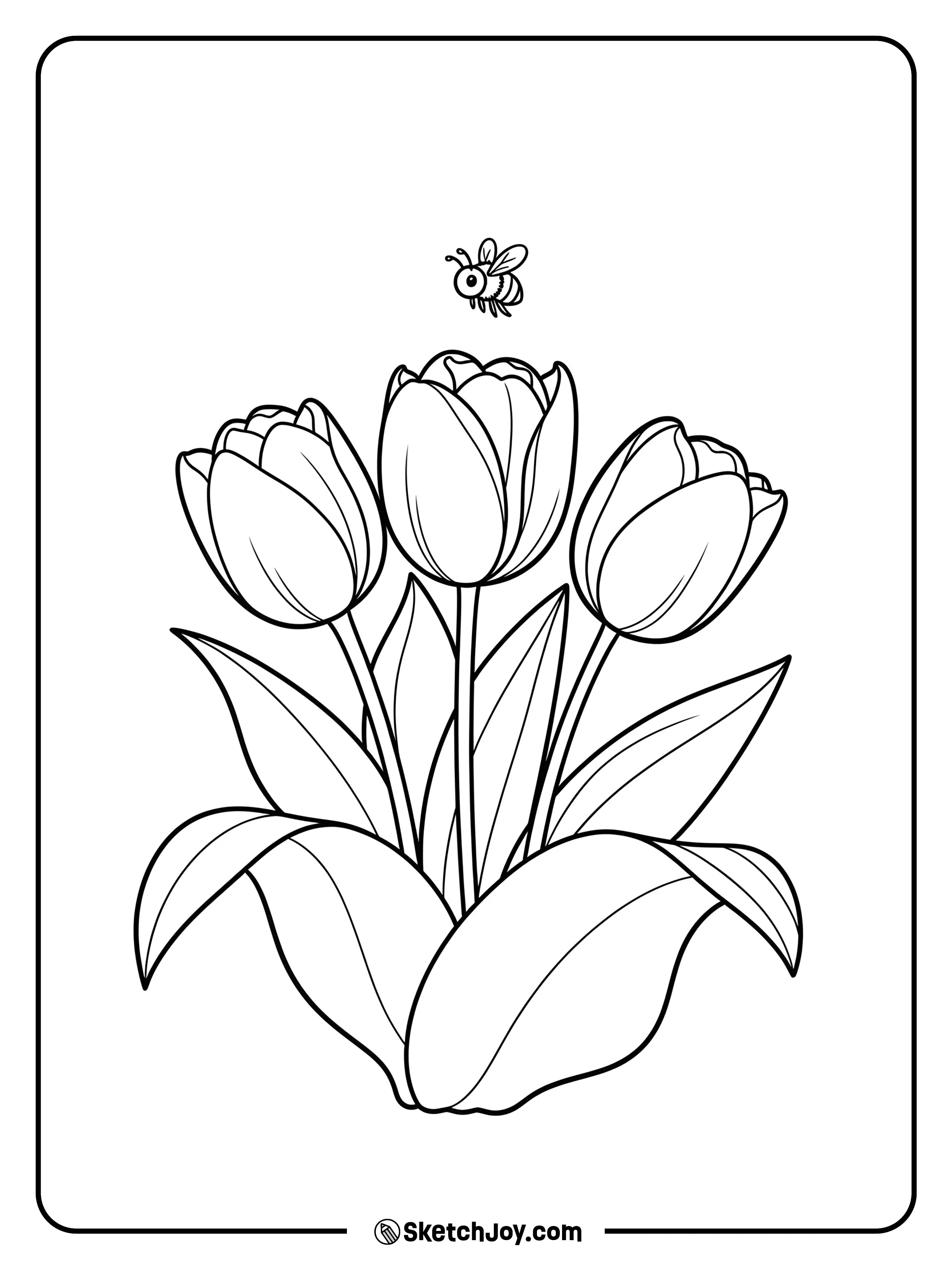 Three simple tulips in a row with big leaves.
