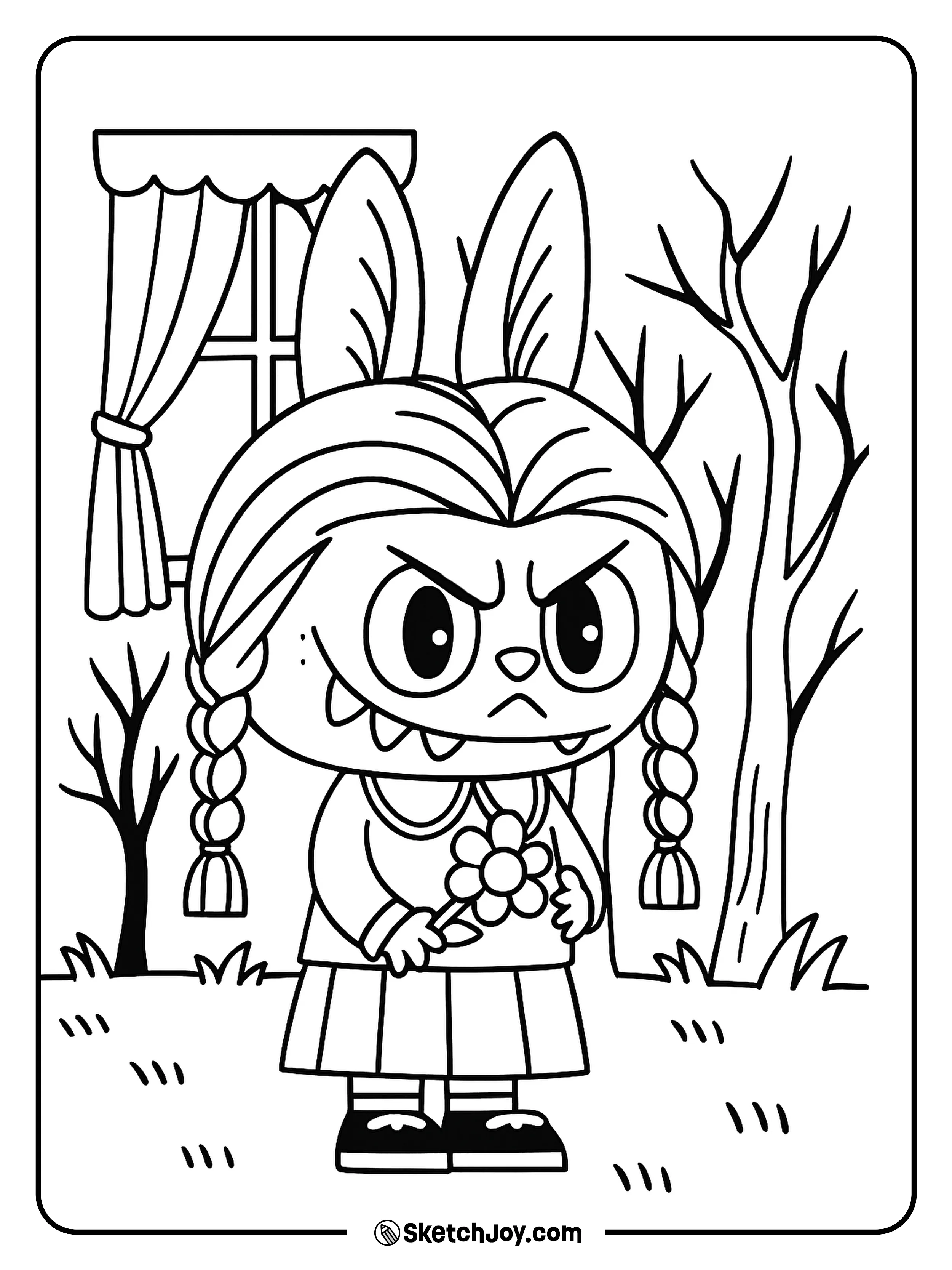 Labubu dressed in a Wednesday-style outfit, holding a flower.