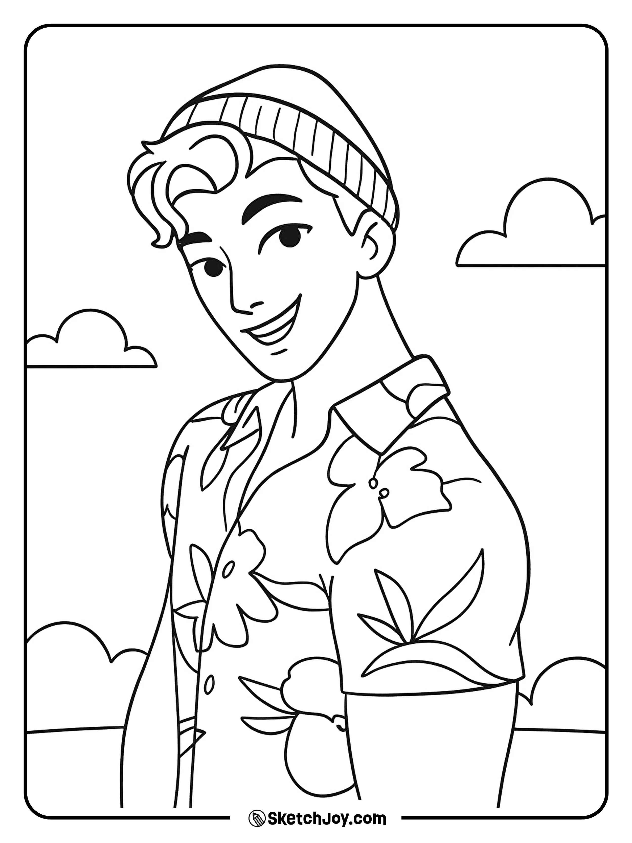 Abby Saja smiles in a floral shirt and beanie.