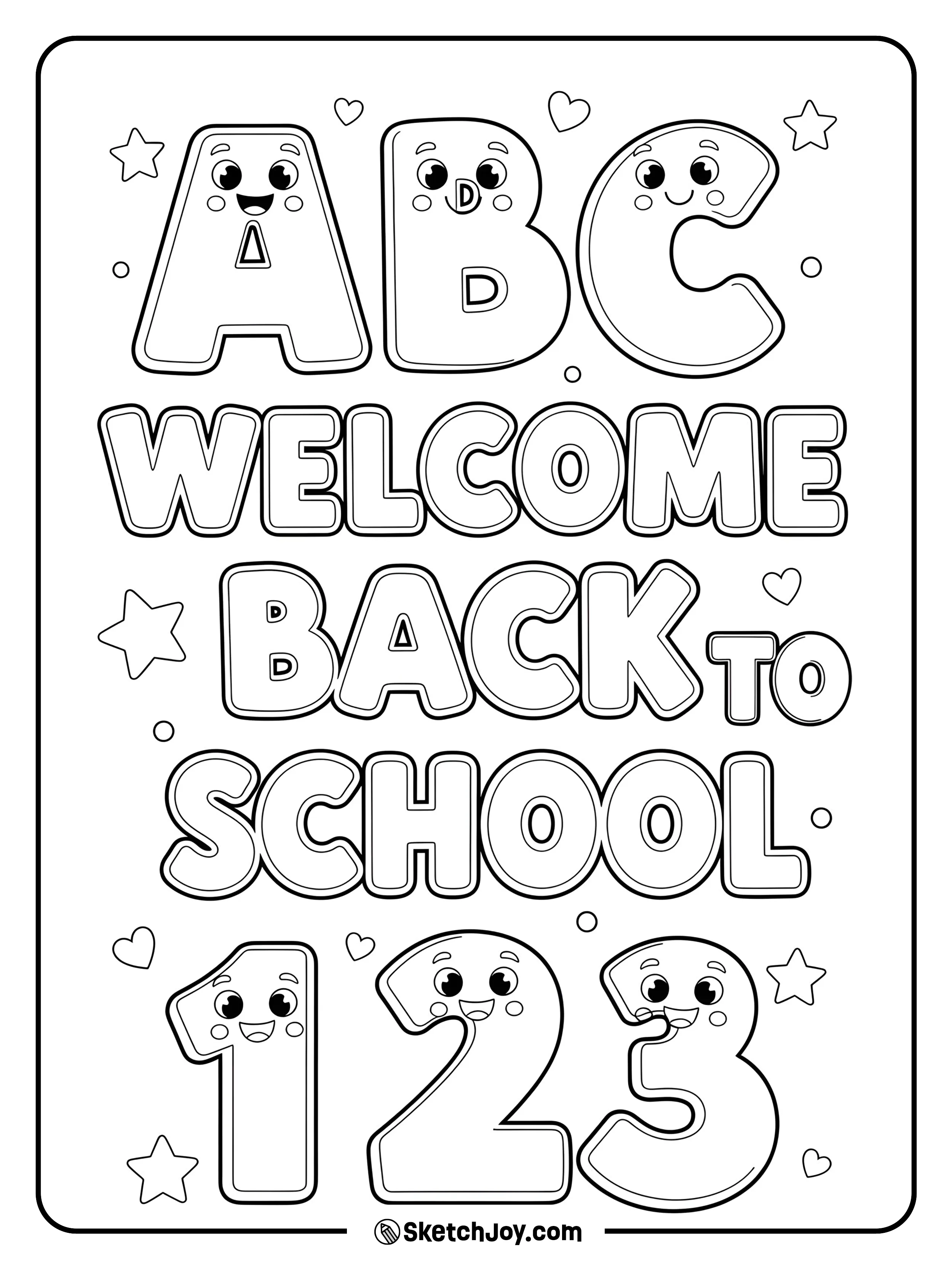 A playful and friendly alphabet- and number-themed coloring page