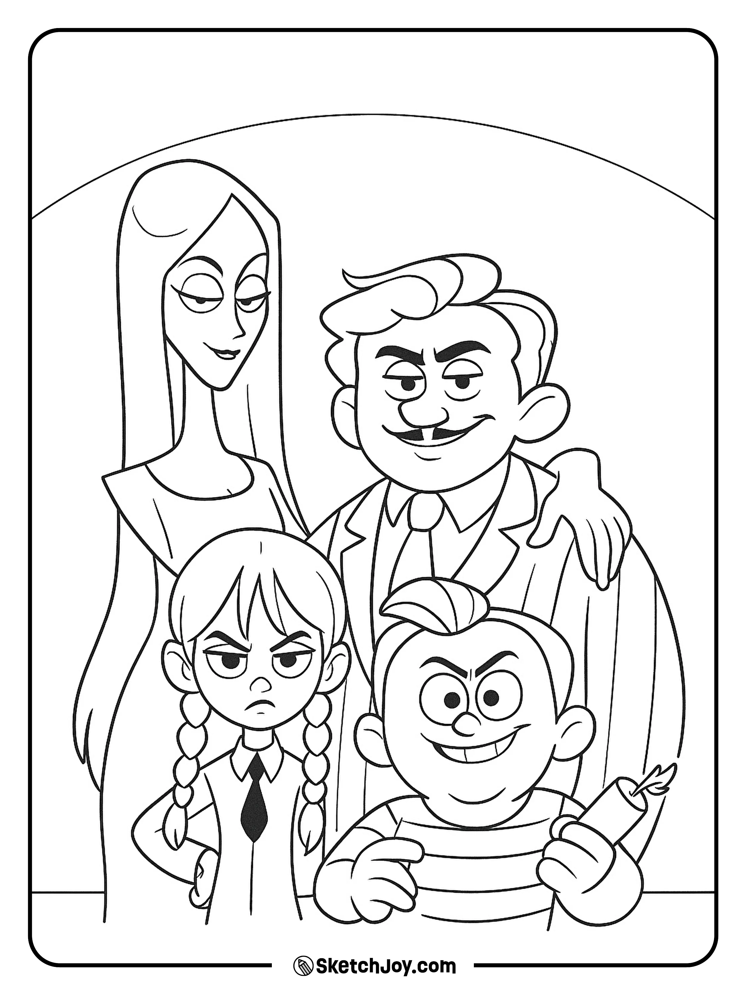 Morticia, Gomez, Wednesday, Pugsley; simple arch.