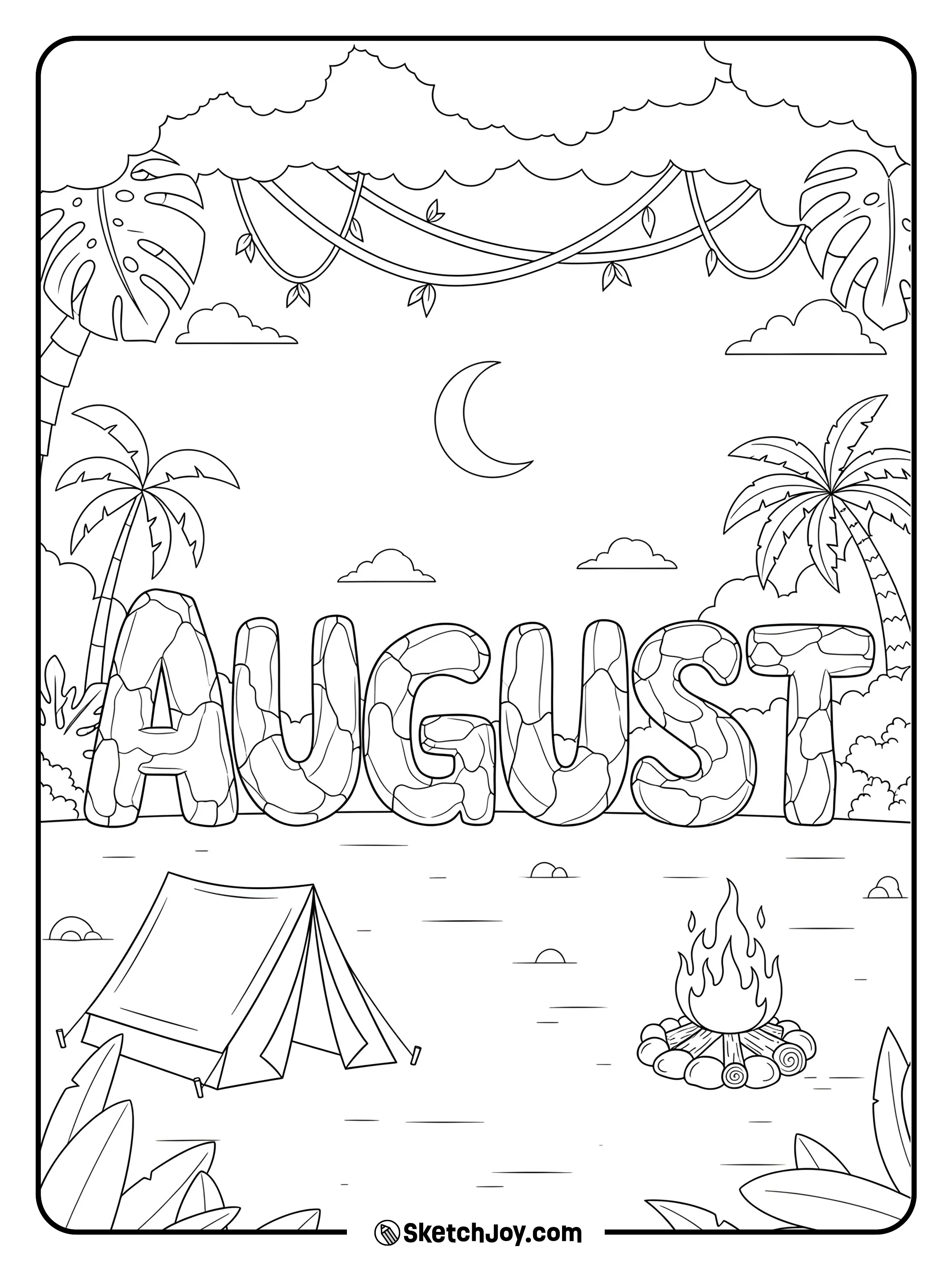 “August” with a tent and campfire.