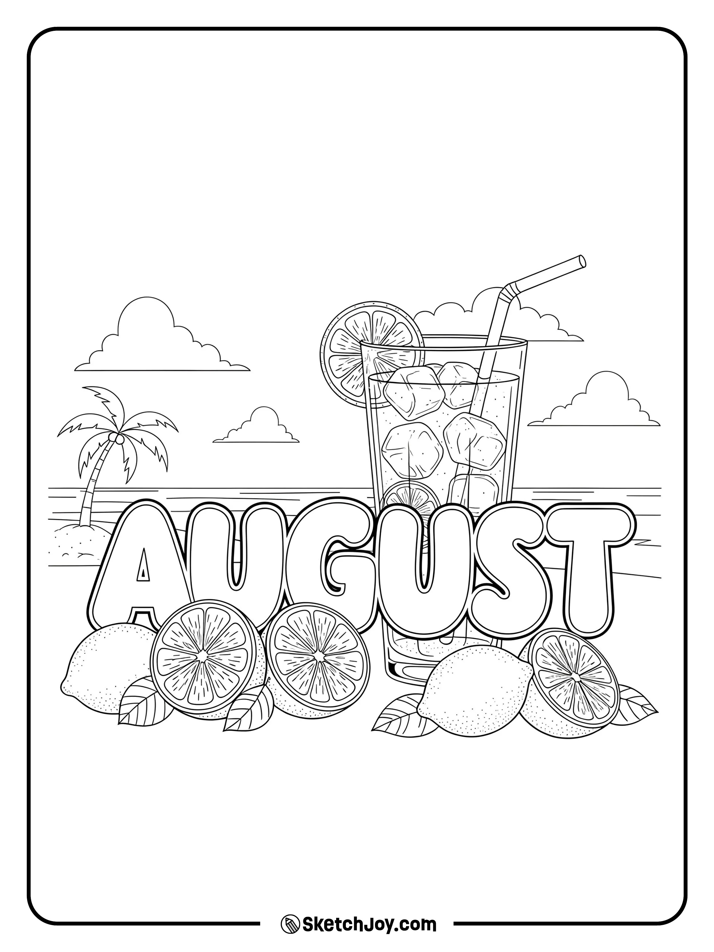“August” with a lemonade cup and lemon slices.