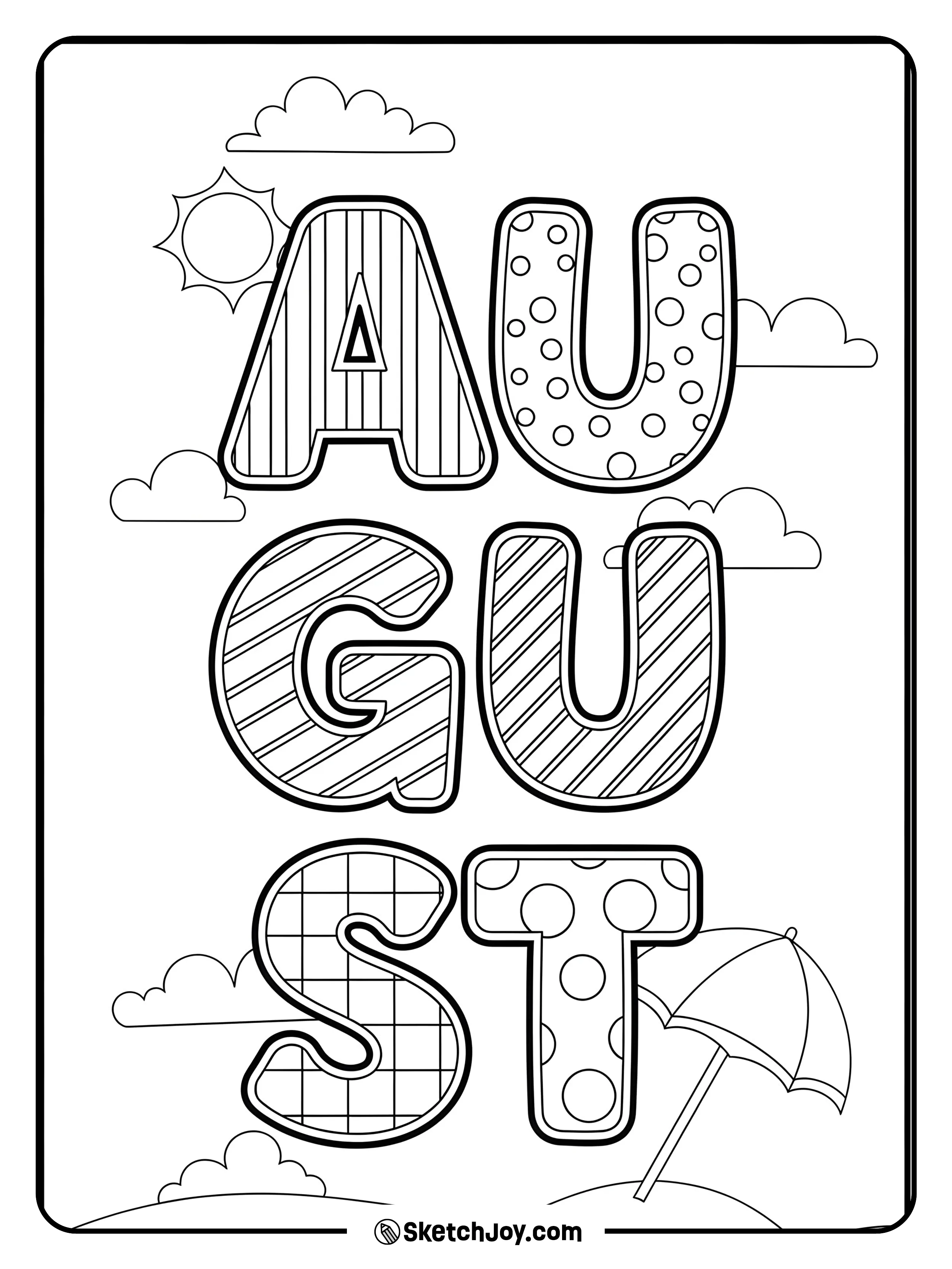 August in big bubble letters with playful interior patterns.