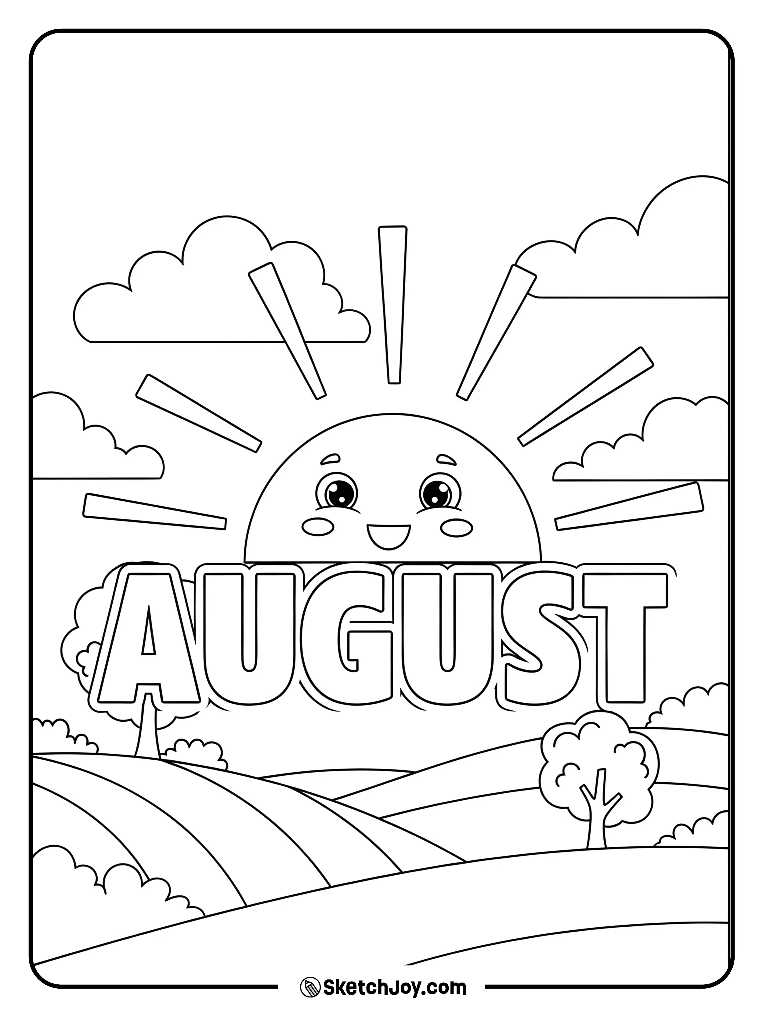 August with a large smiling sun.