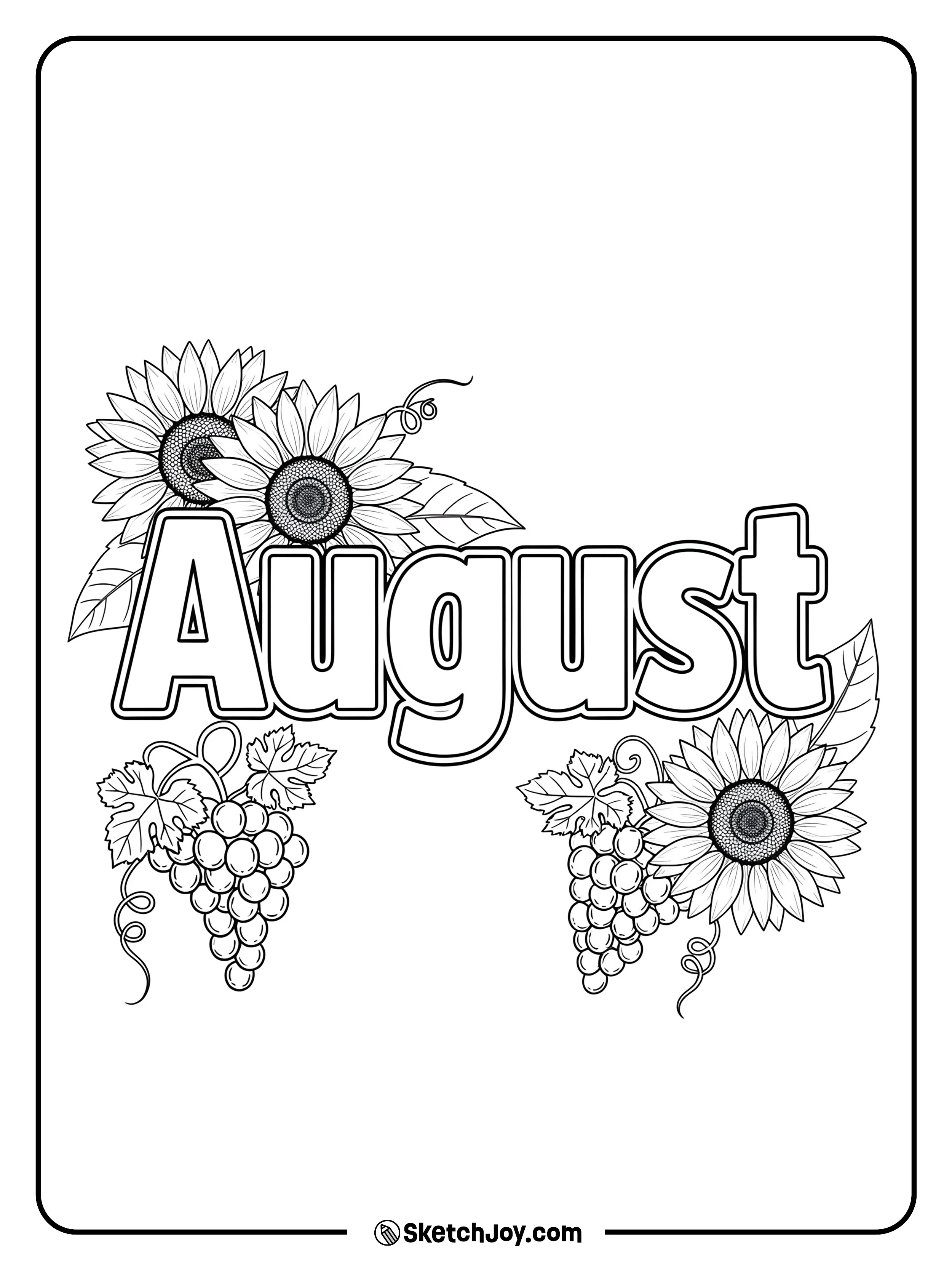 “August” surrounded by sunflowers and fruits.