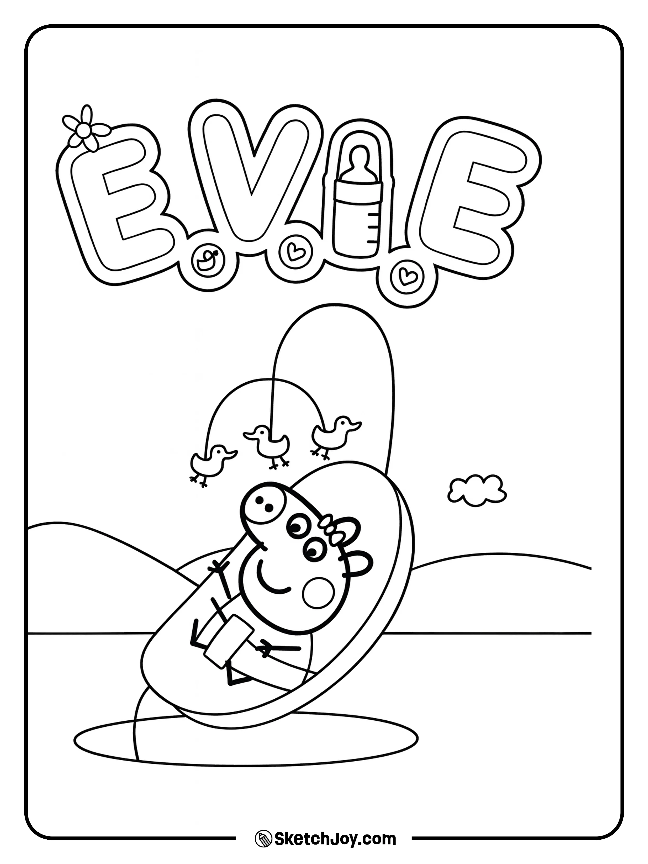 Peppa Pig’s new baby sister, Evie, is relaxing in her cozy baby rocker chair with her toy.