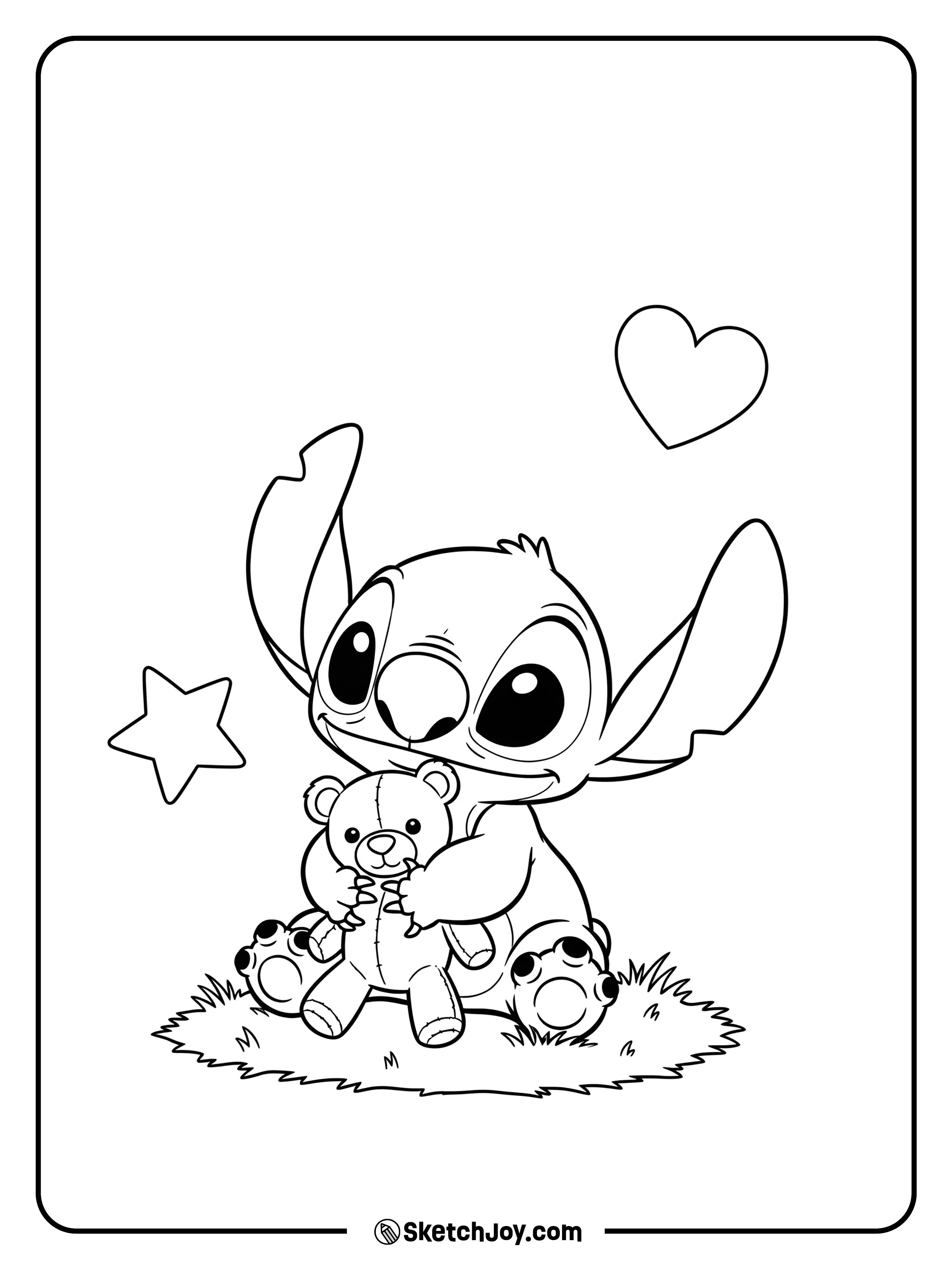 Baby Stitch cuddling a soft toy.