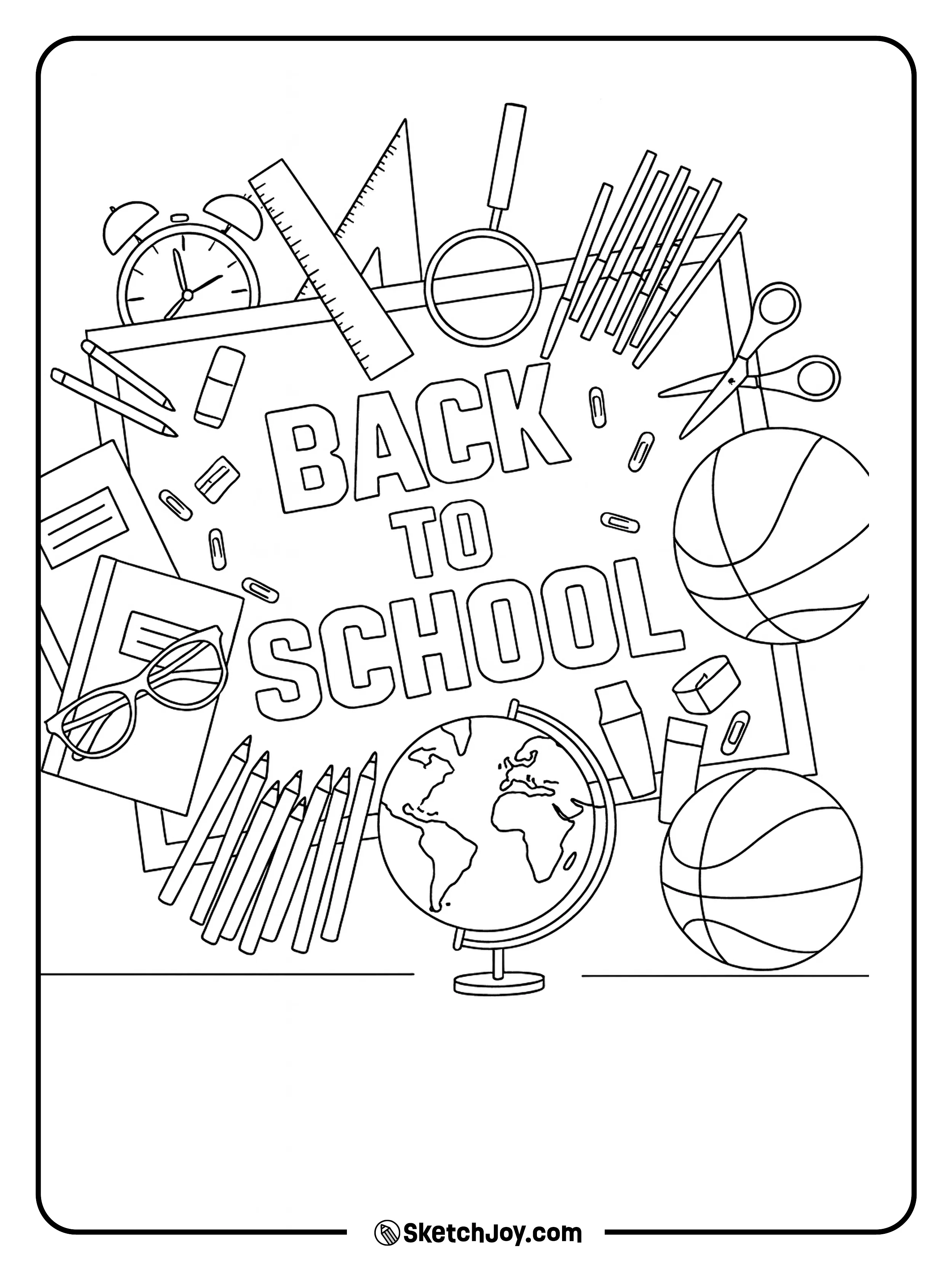 A bold and fun layout filled with common school supplies like pencils, books, scissors, a globe