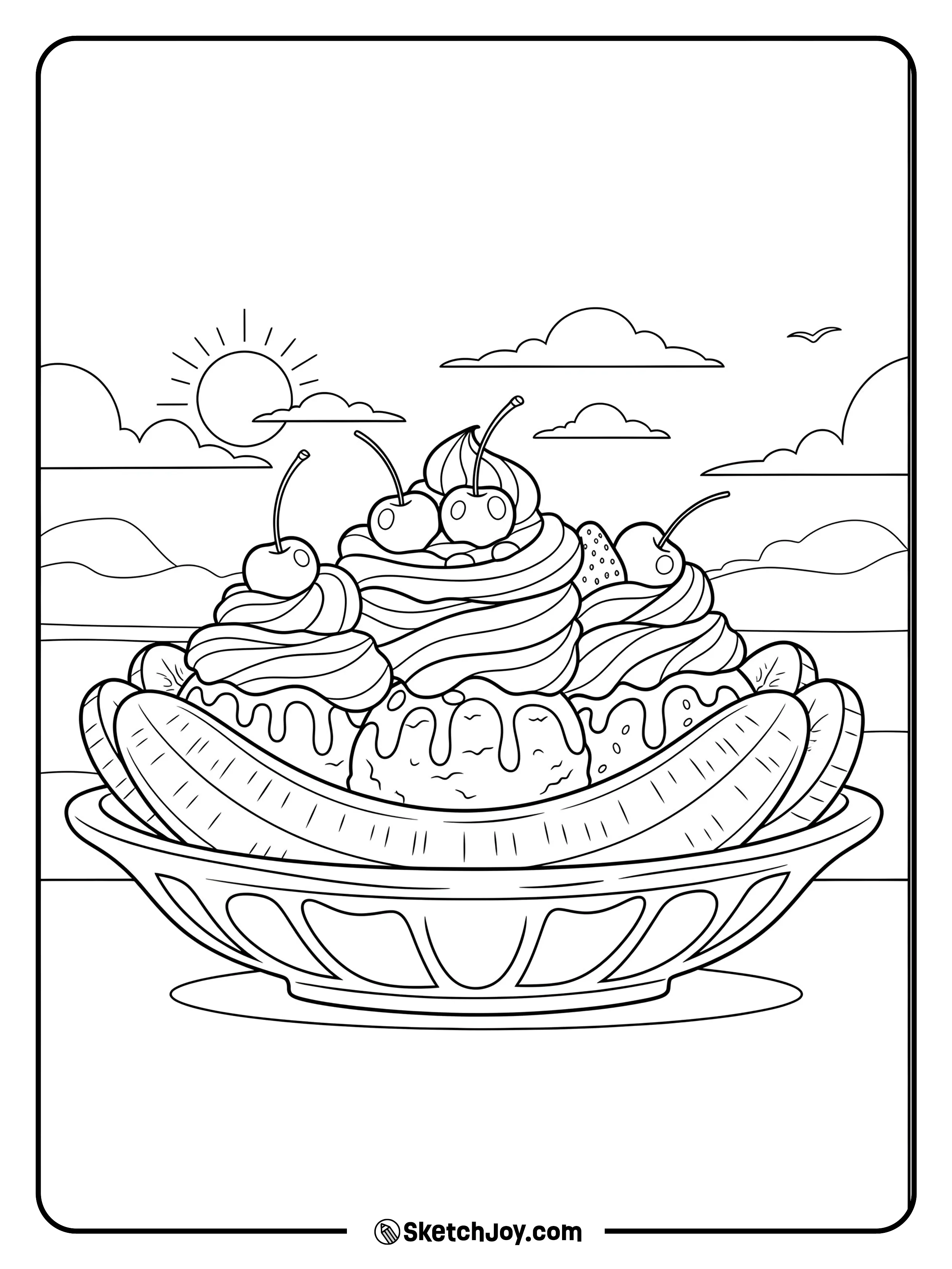 A wide banana split boat with scoops of ice cream and toppings