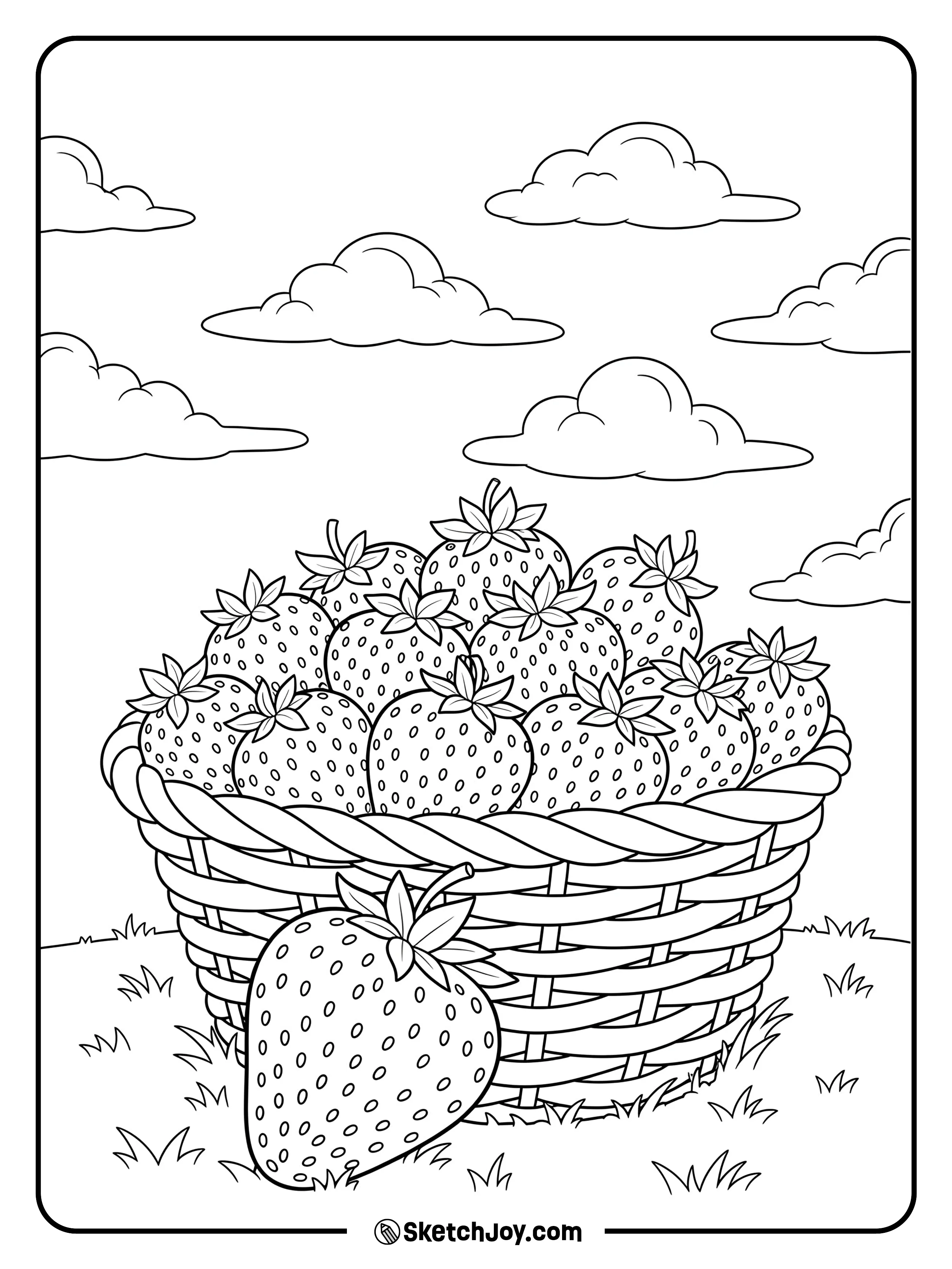 A big picnic basket is filled with plump strawberries