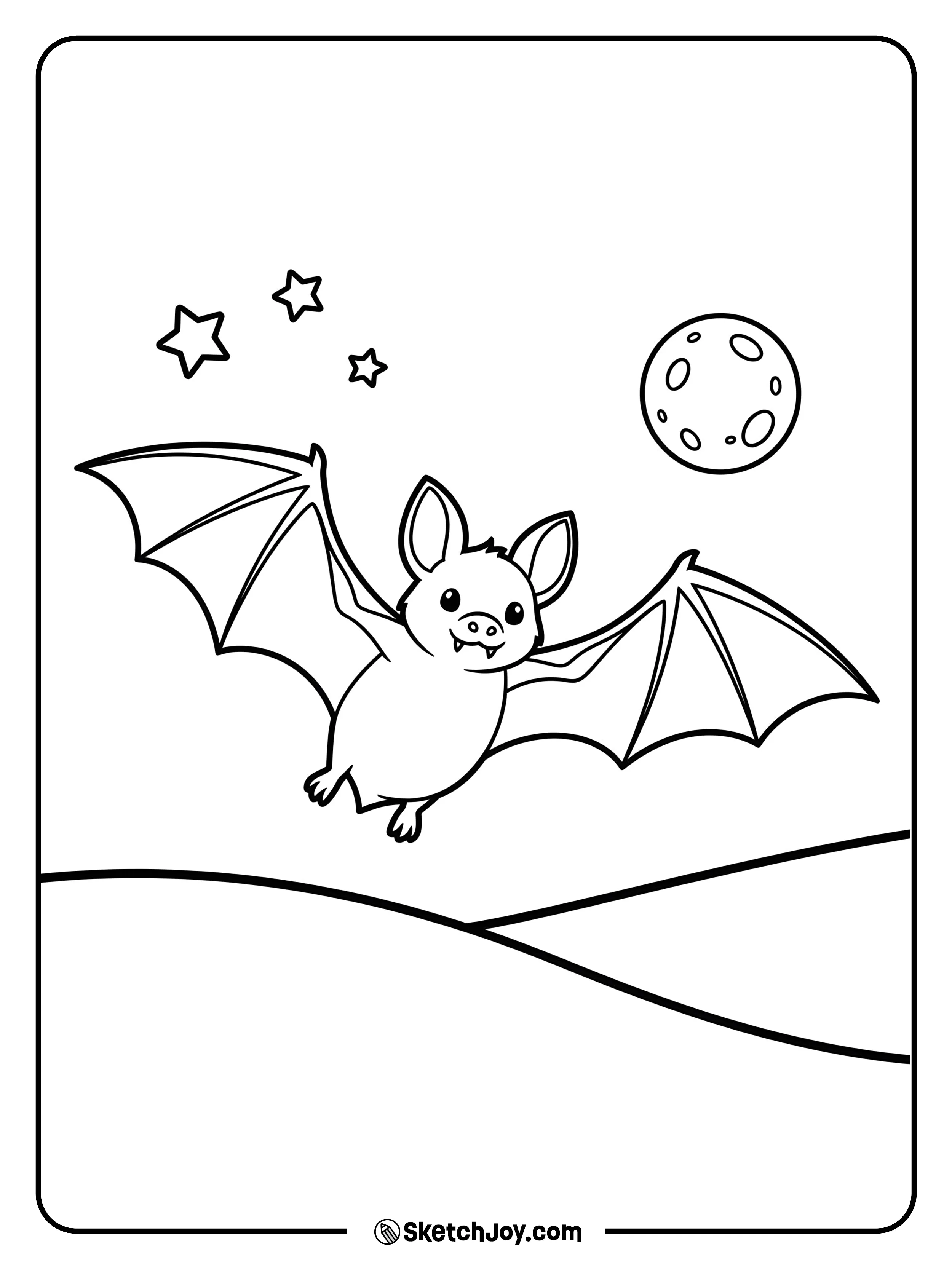 A wide-winged bat glides above a curved hill.