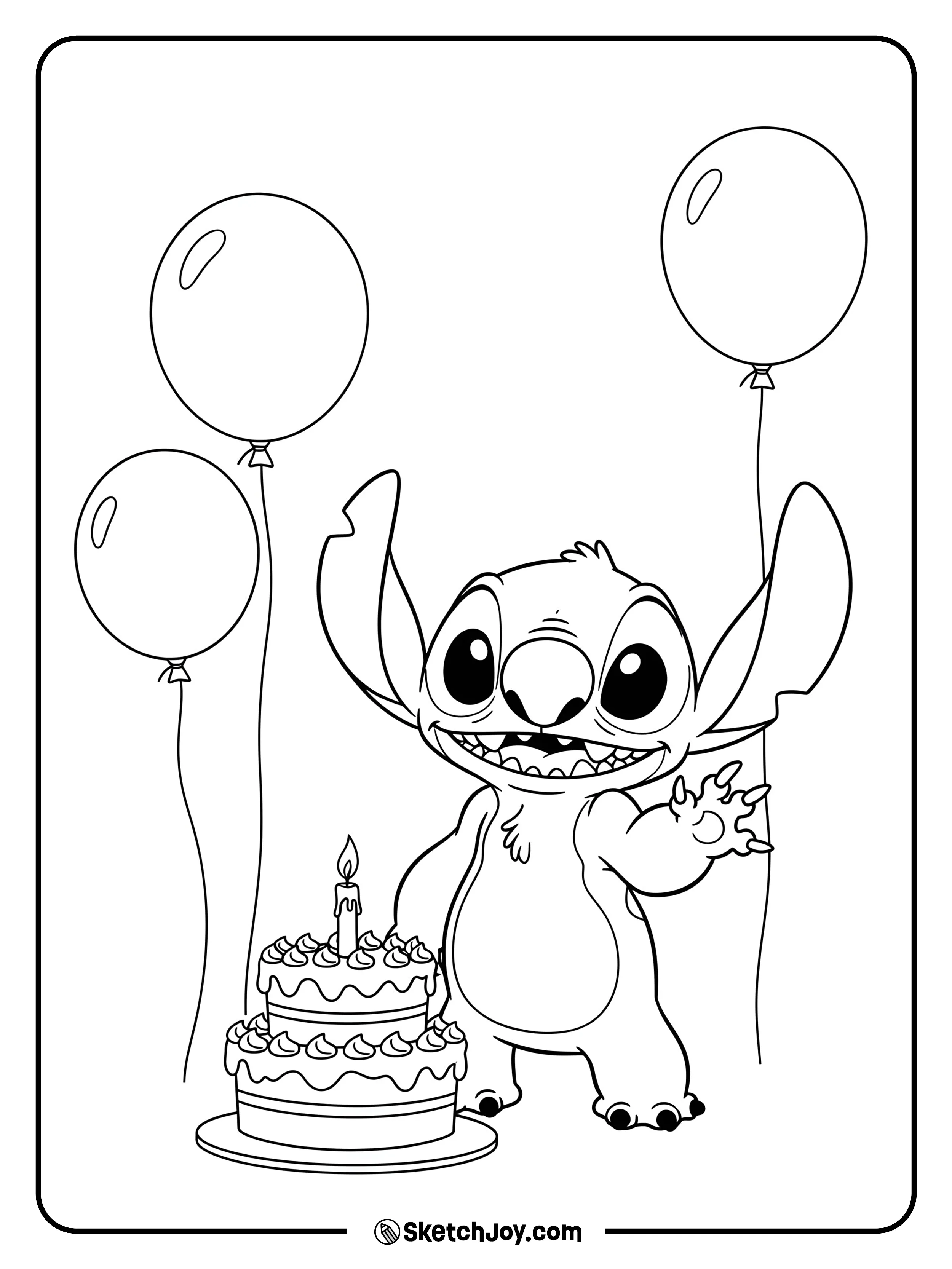 Stitch stands beside a small cake with one candle.