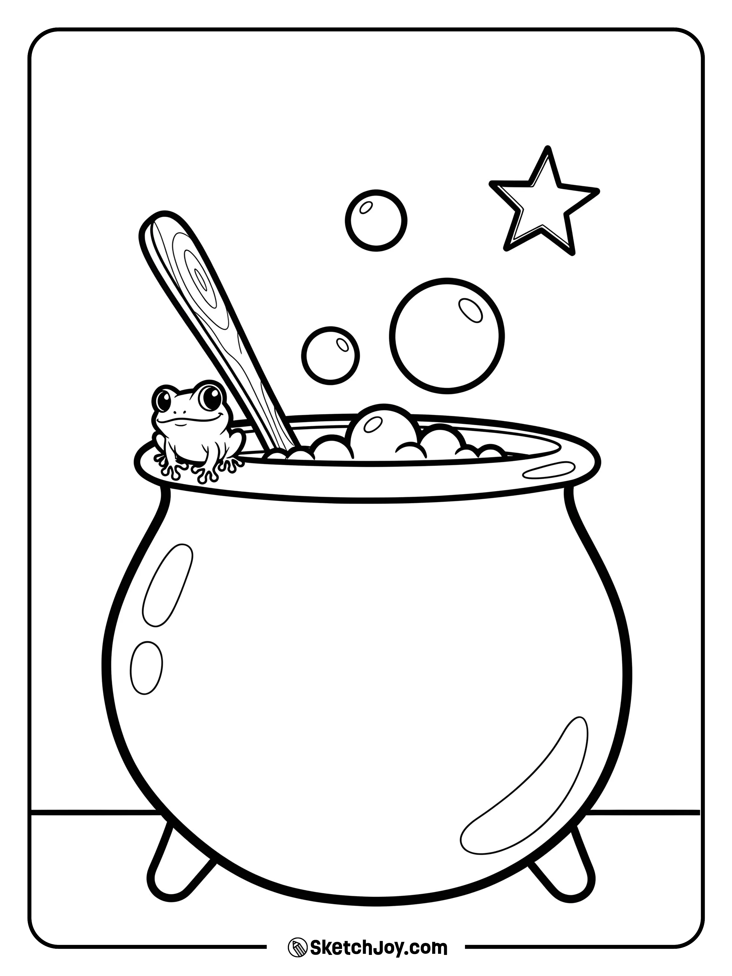 A round pot releases big bubbles while a small frog peeks near it.