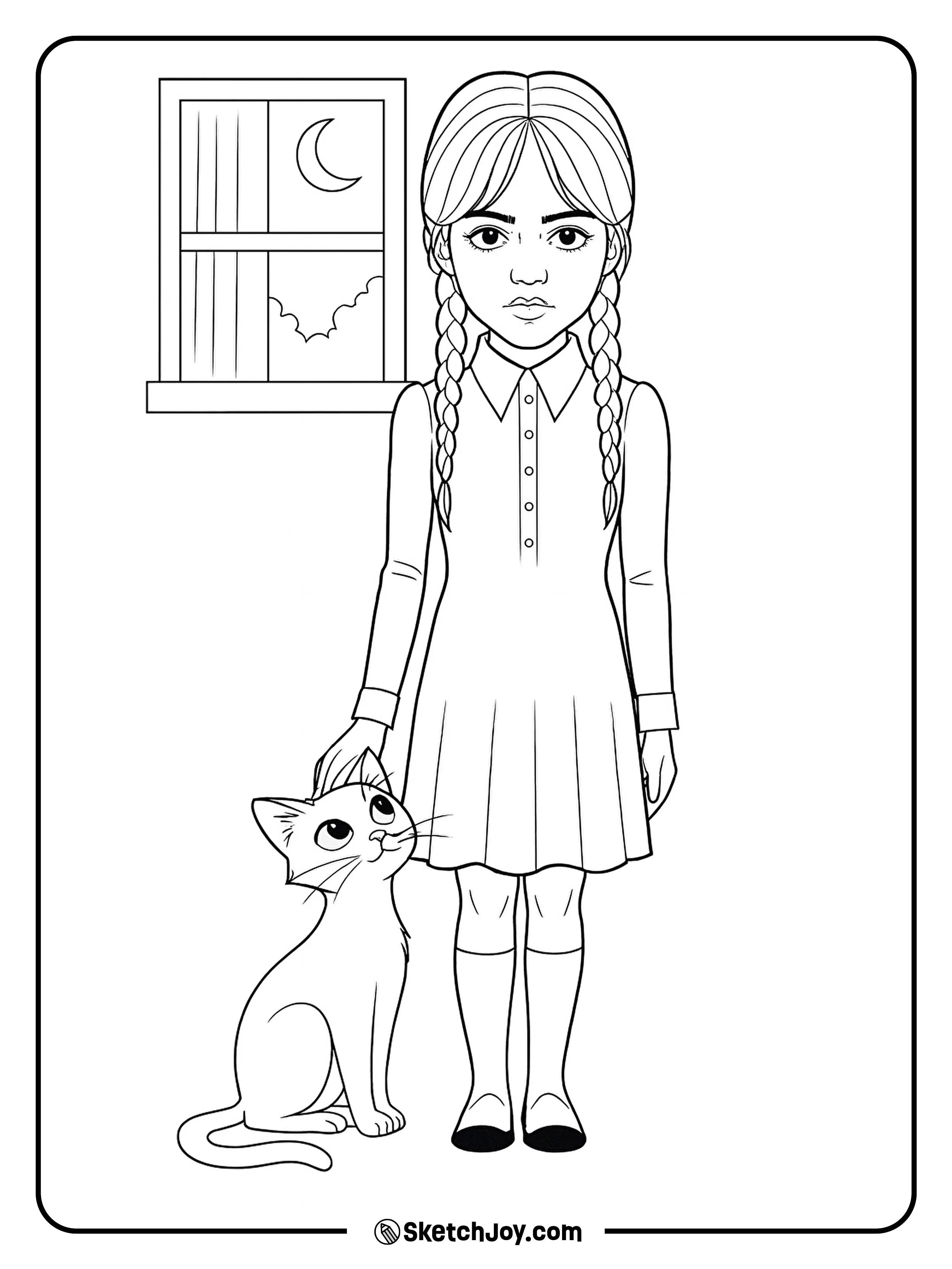 Wednesday gently pets a calm cute cat.