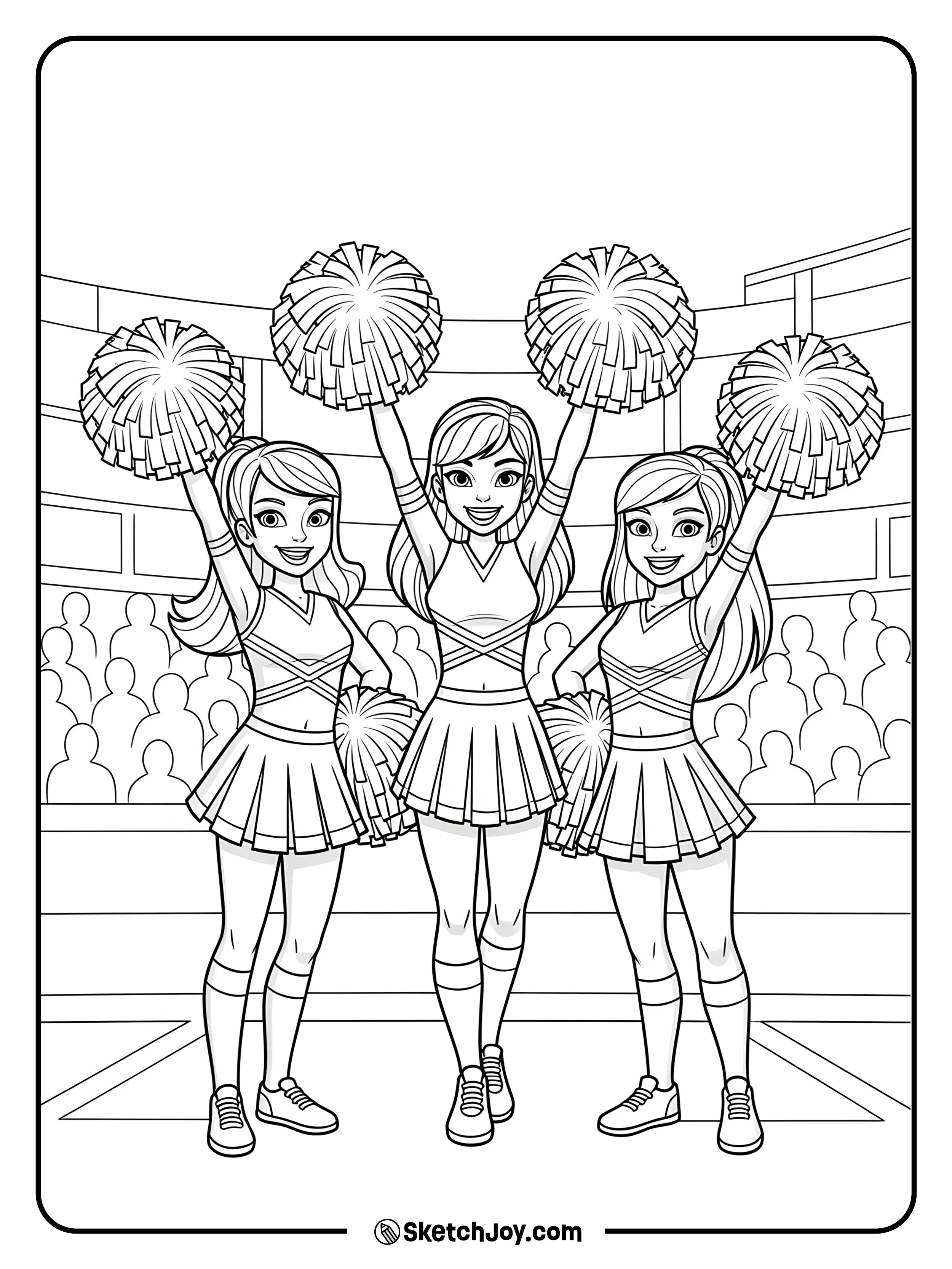 Three cheerleaders holding pom-poms and smiling