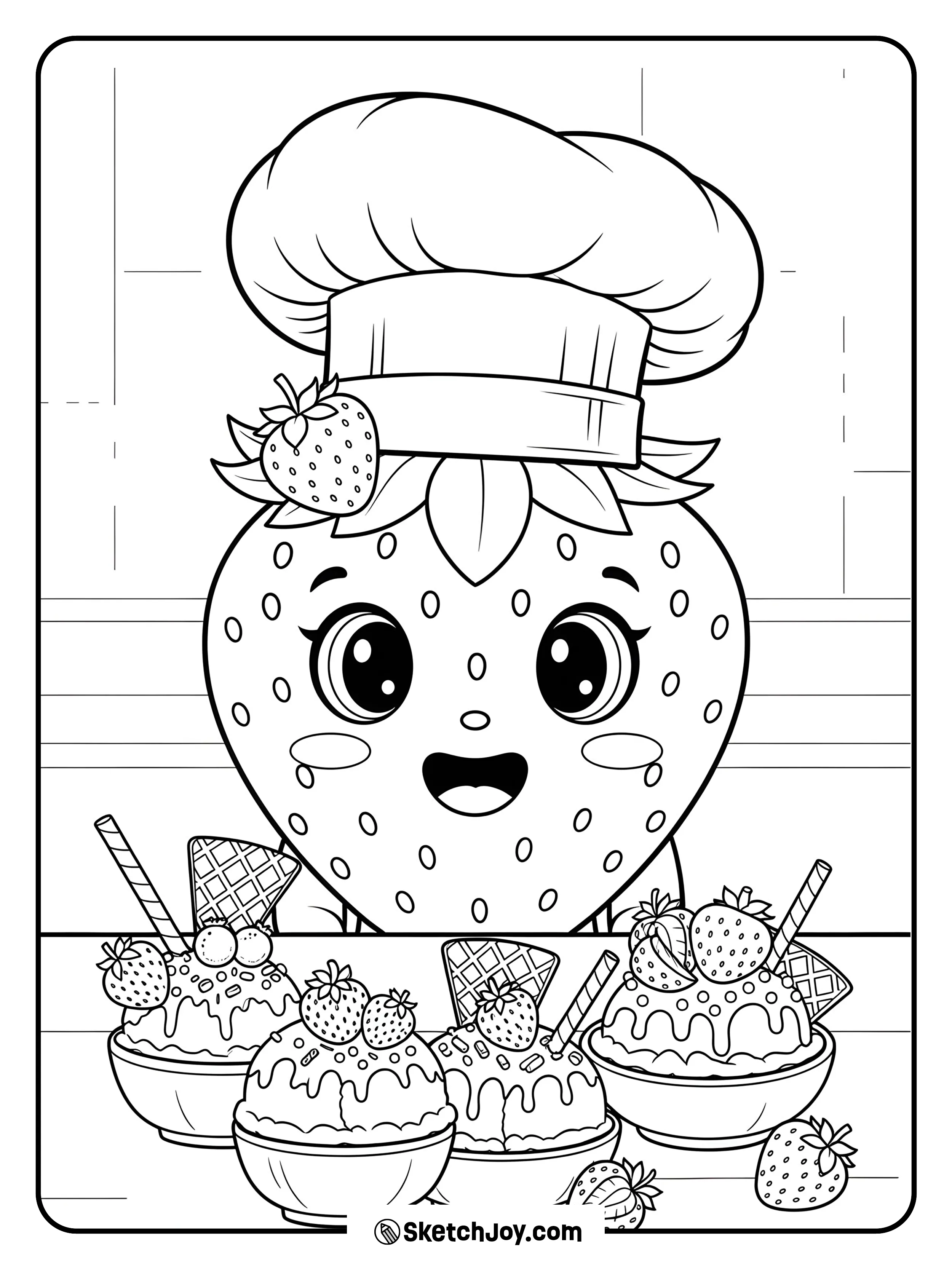 A cheerful strawberry character wearing a chef’s hat stands in front of ice creams