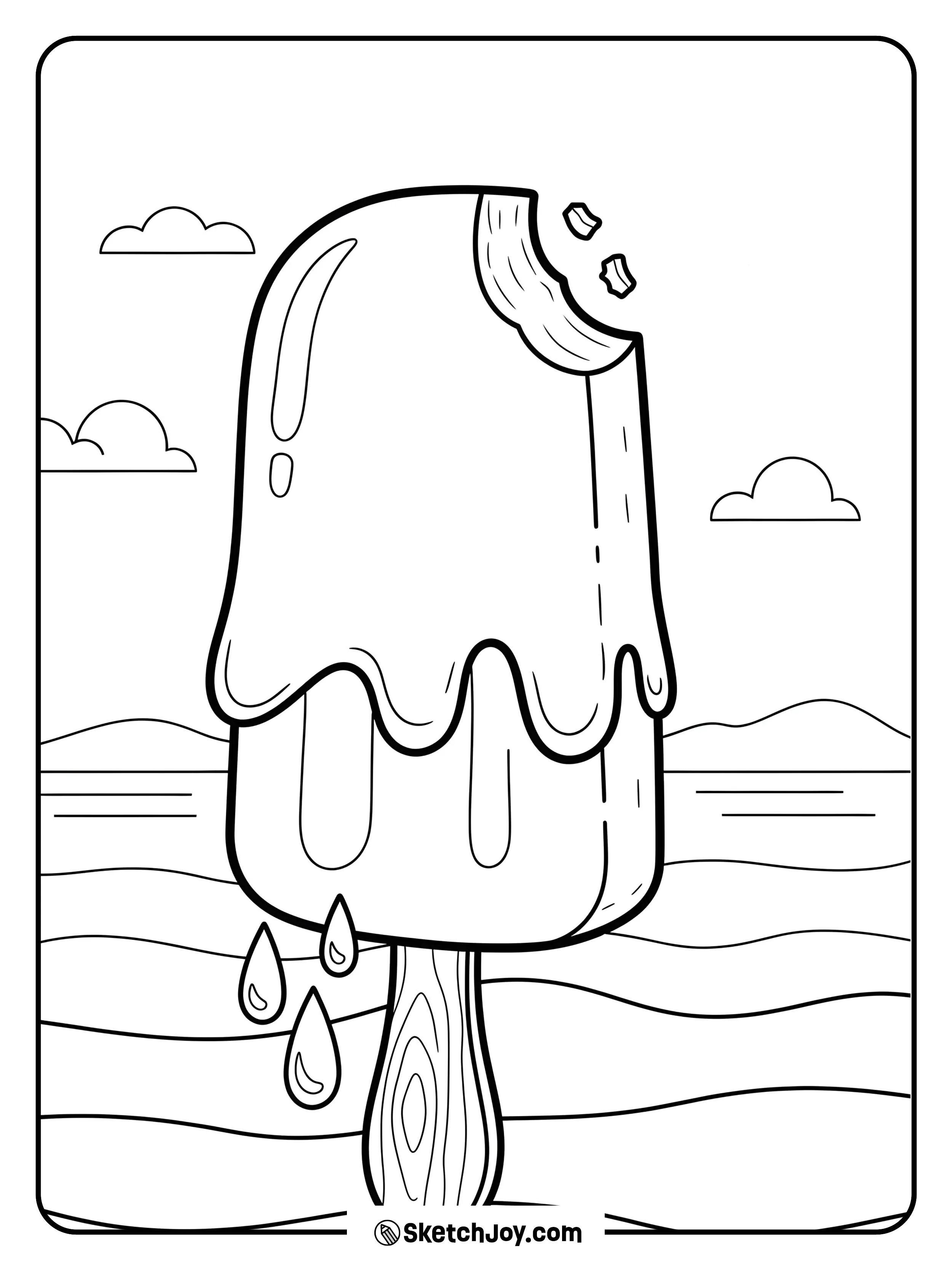 A chocolate-covered ice cream bar on a stick, slightly melting.