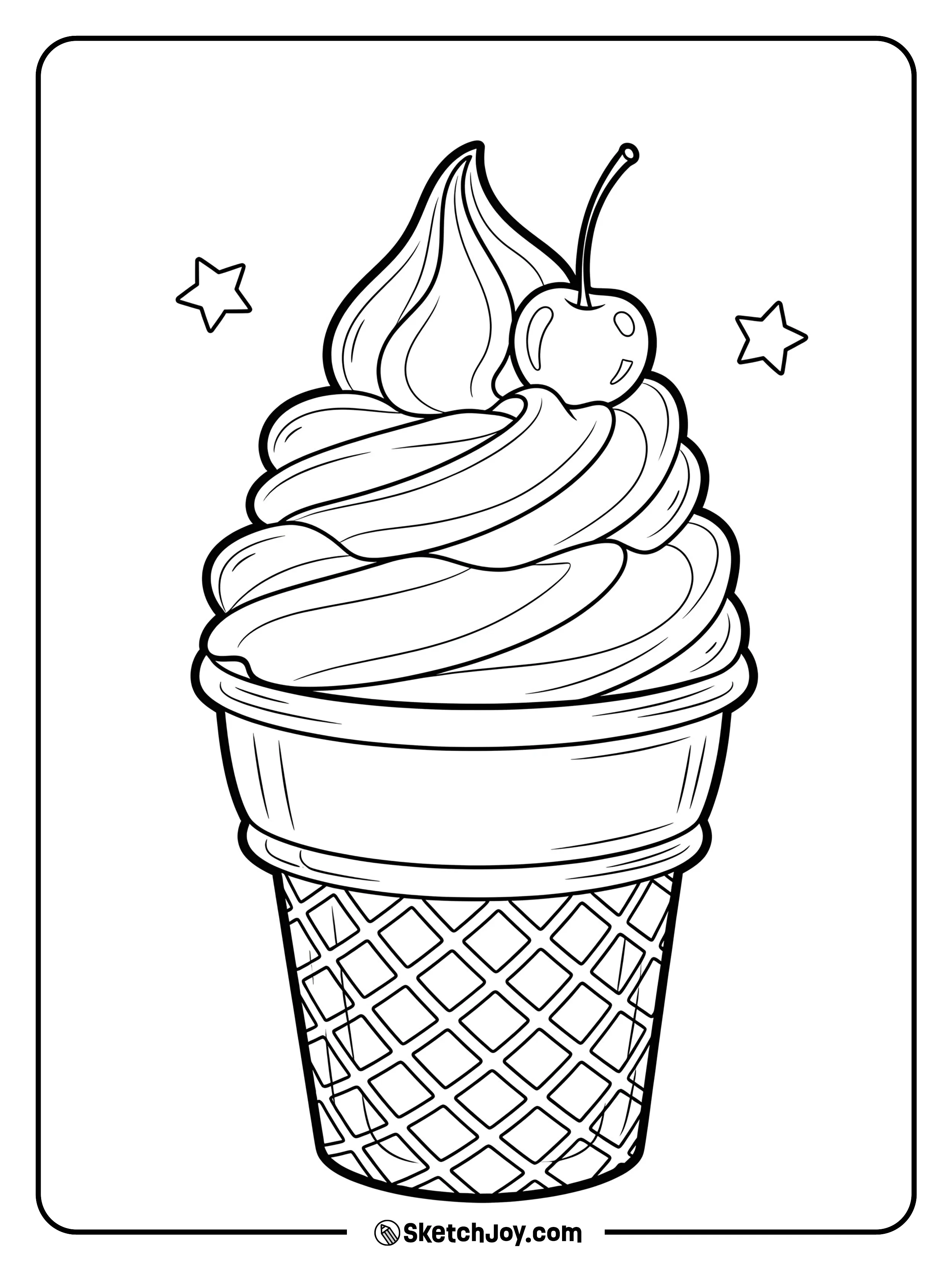 A big, swirly vanilla ice cream in a waffle cone with a cherry on top