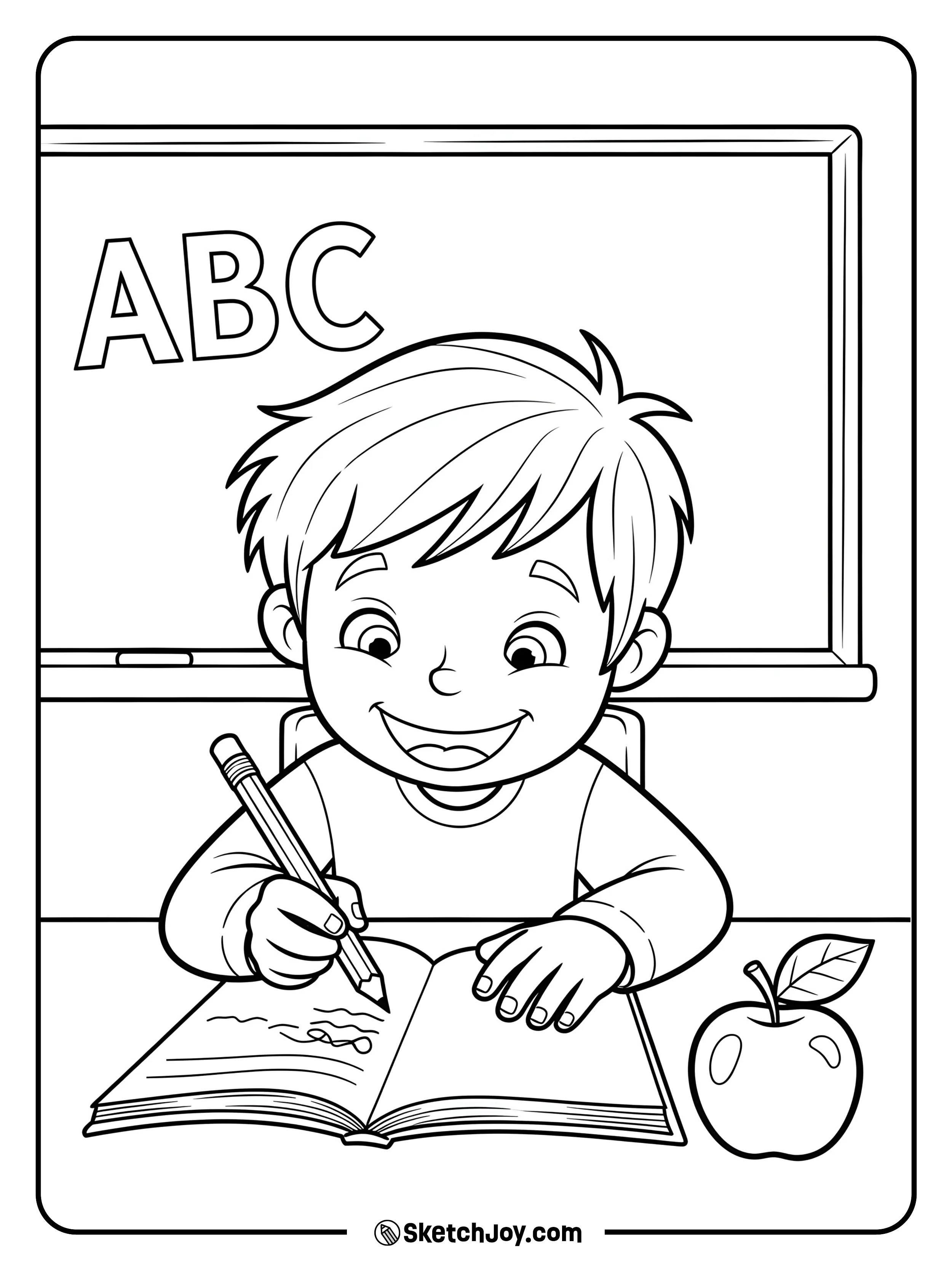 A student sitting at a desk, happily writing in their notebook.