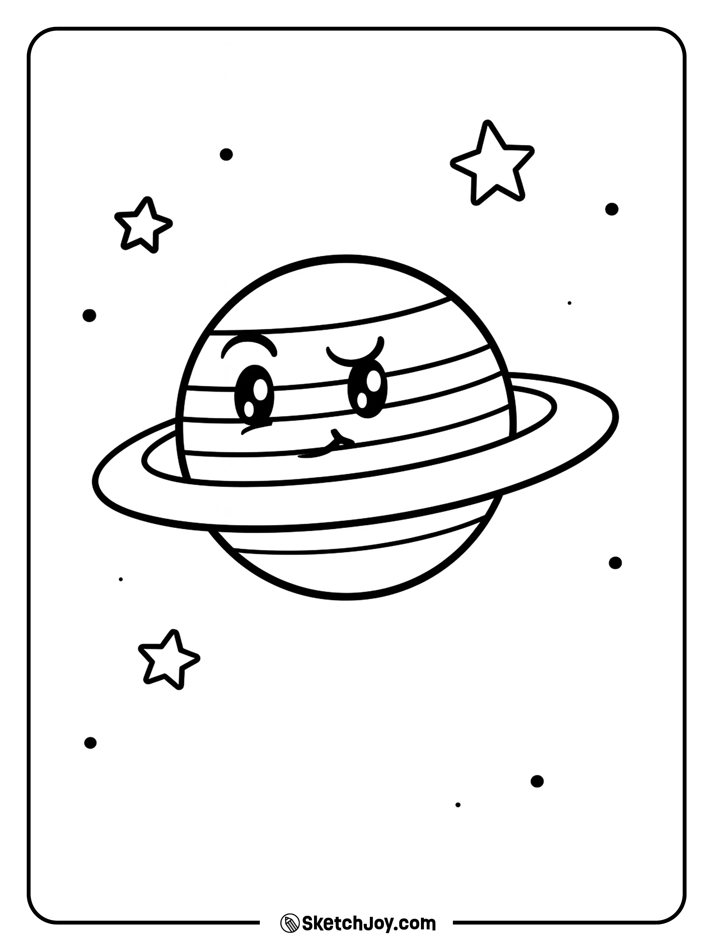 A kawaii-style illustration of Saturn with its rings and a fun facial expression.