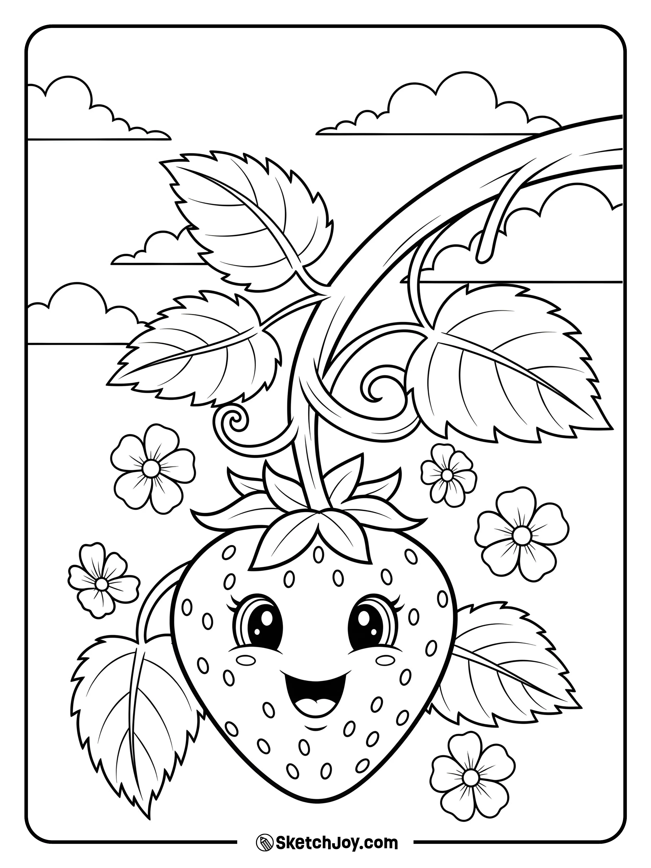 A sweet strawberry with a smiling face hangs from a vine