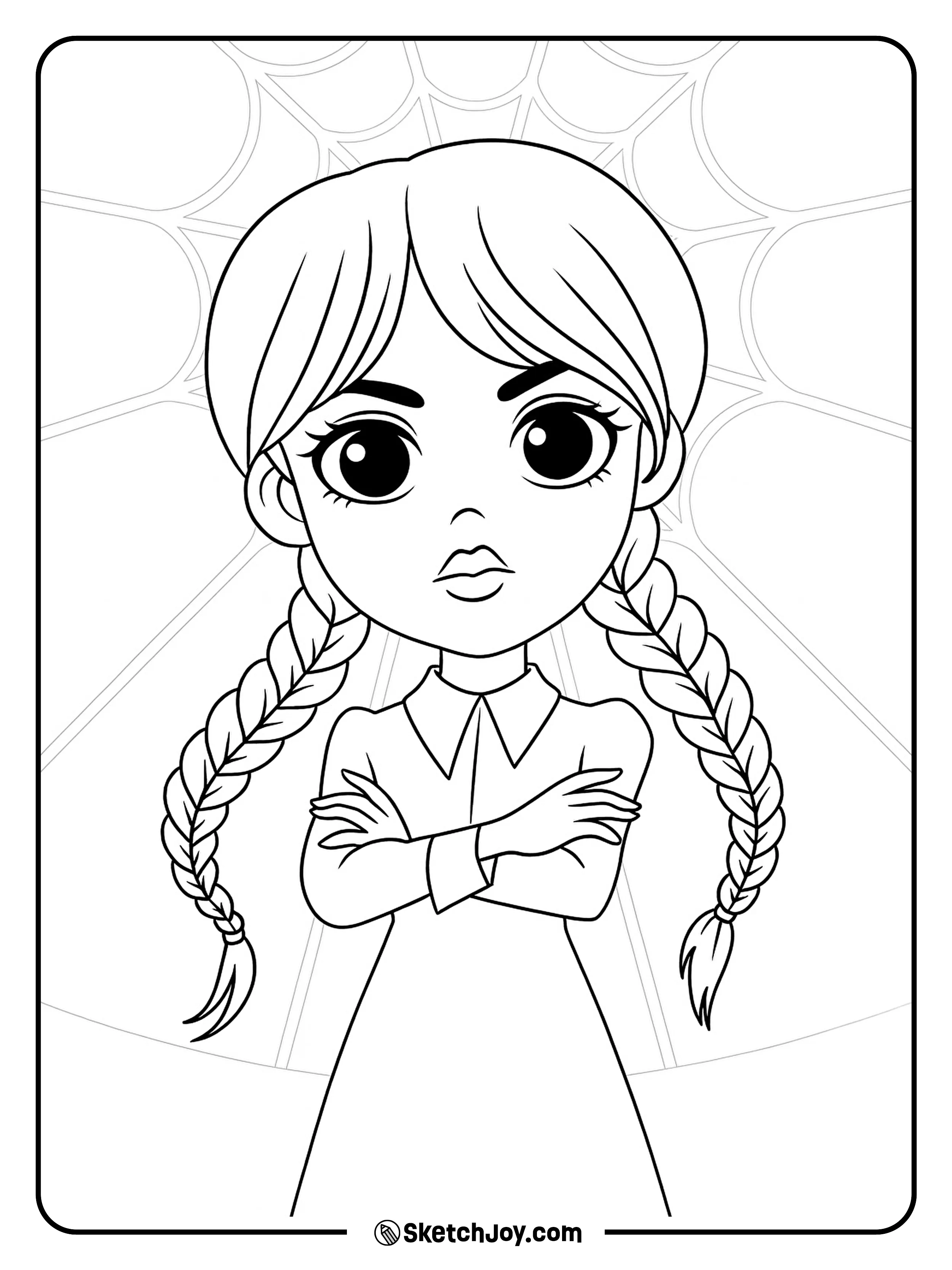 Chibi Wednesday; spiderweb backdrop.
