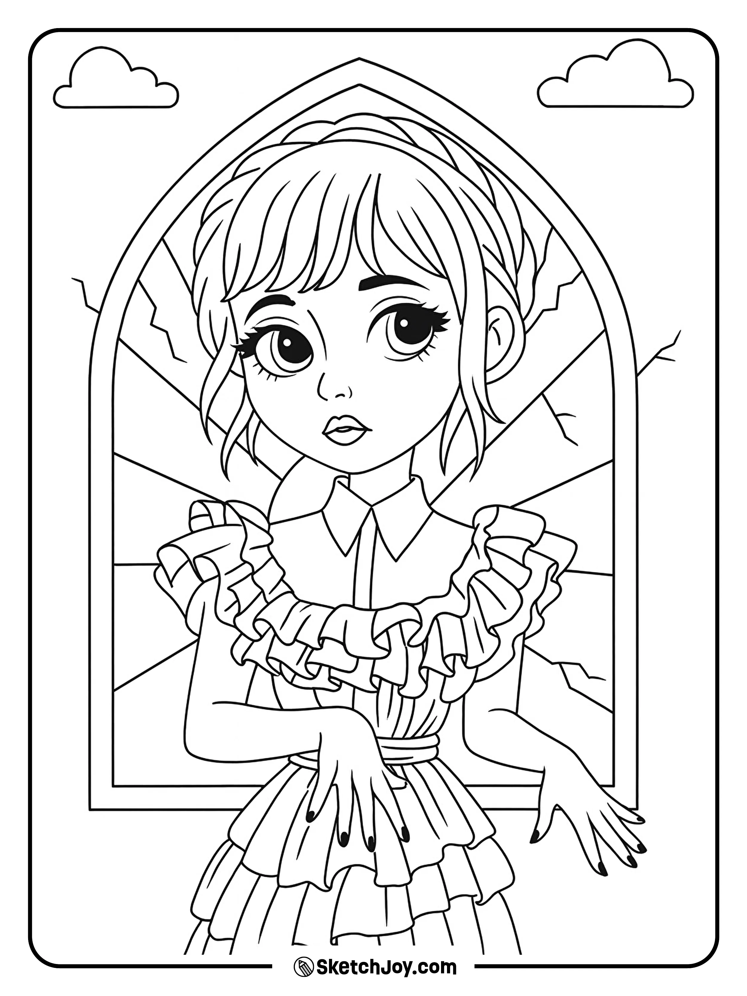 Chibi-style Wednesday in a frilly dress, gentle dance pose.