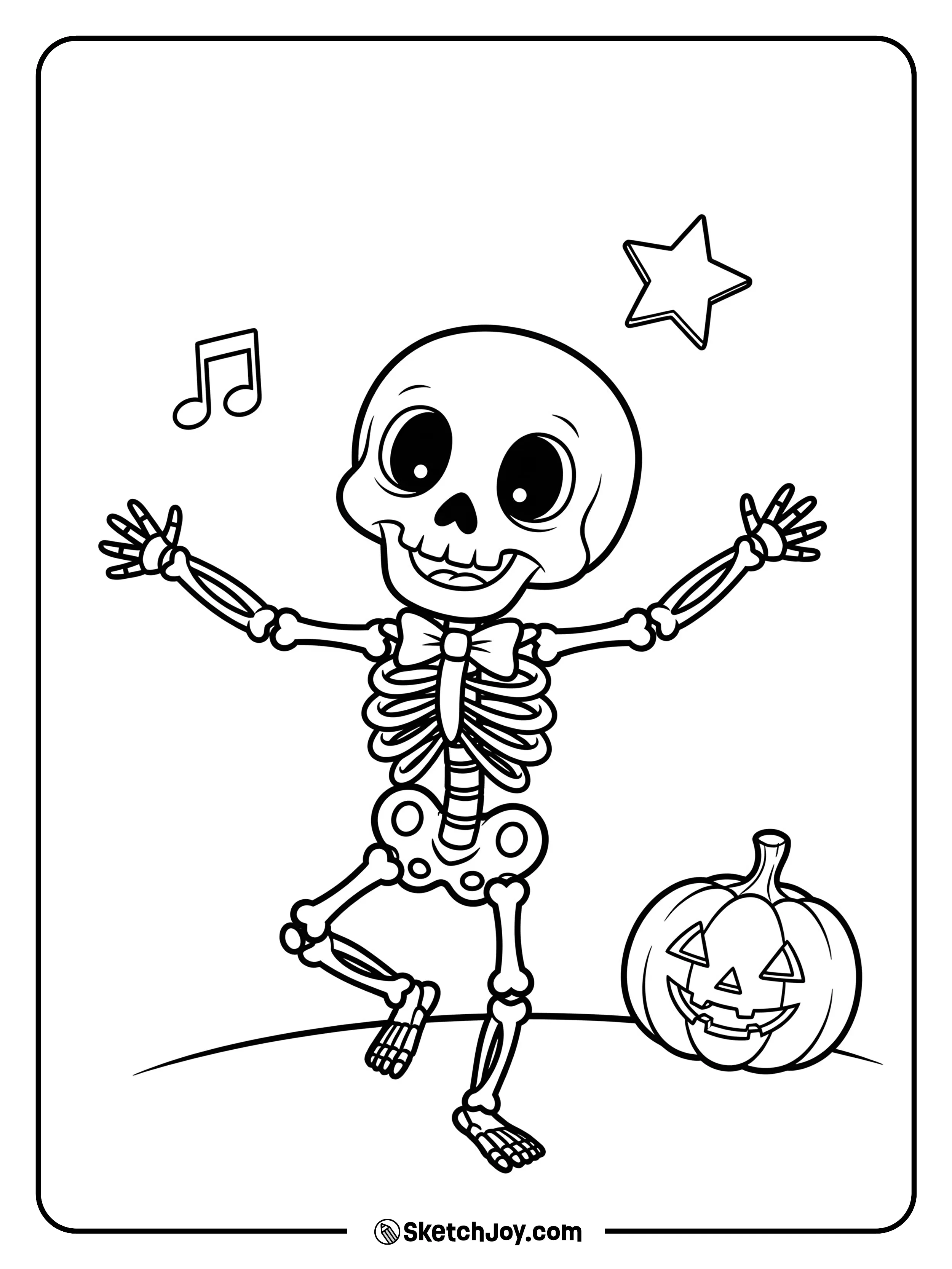 A skeleton lifts one arm and one leg in a dance pose.