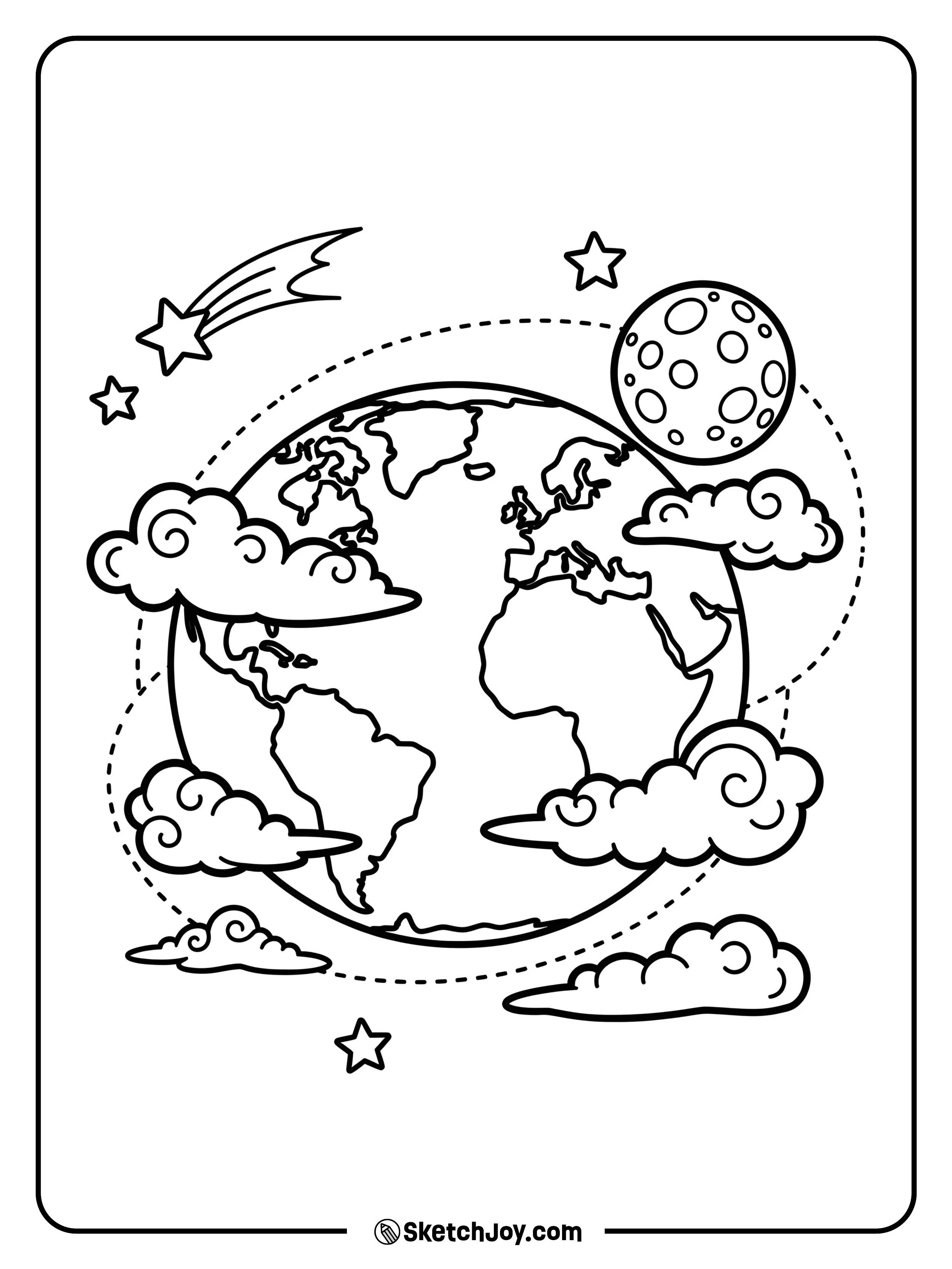 Earth with its continents and the Moon nearby in space.