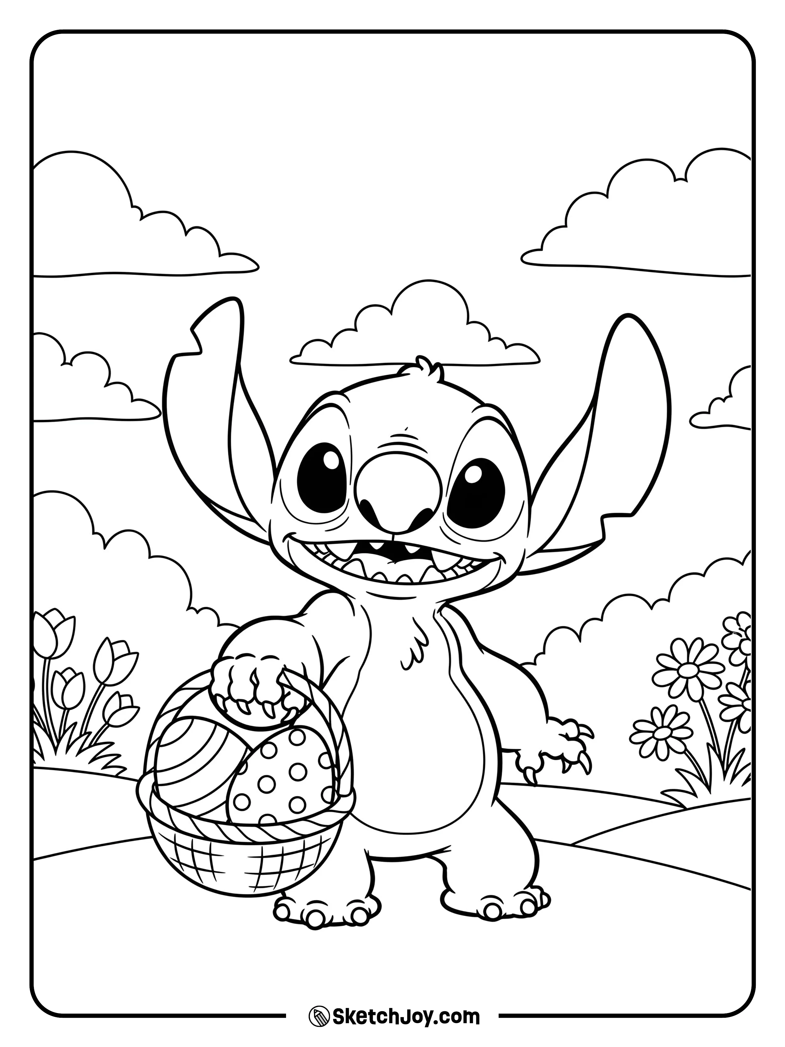A cheerful spring scene of Stitch holding a basket of decorated Easter eggs.