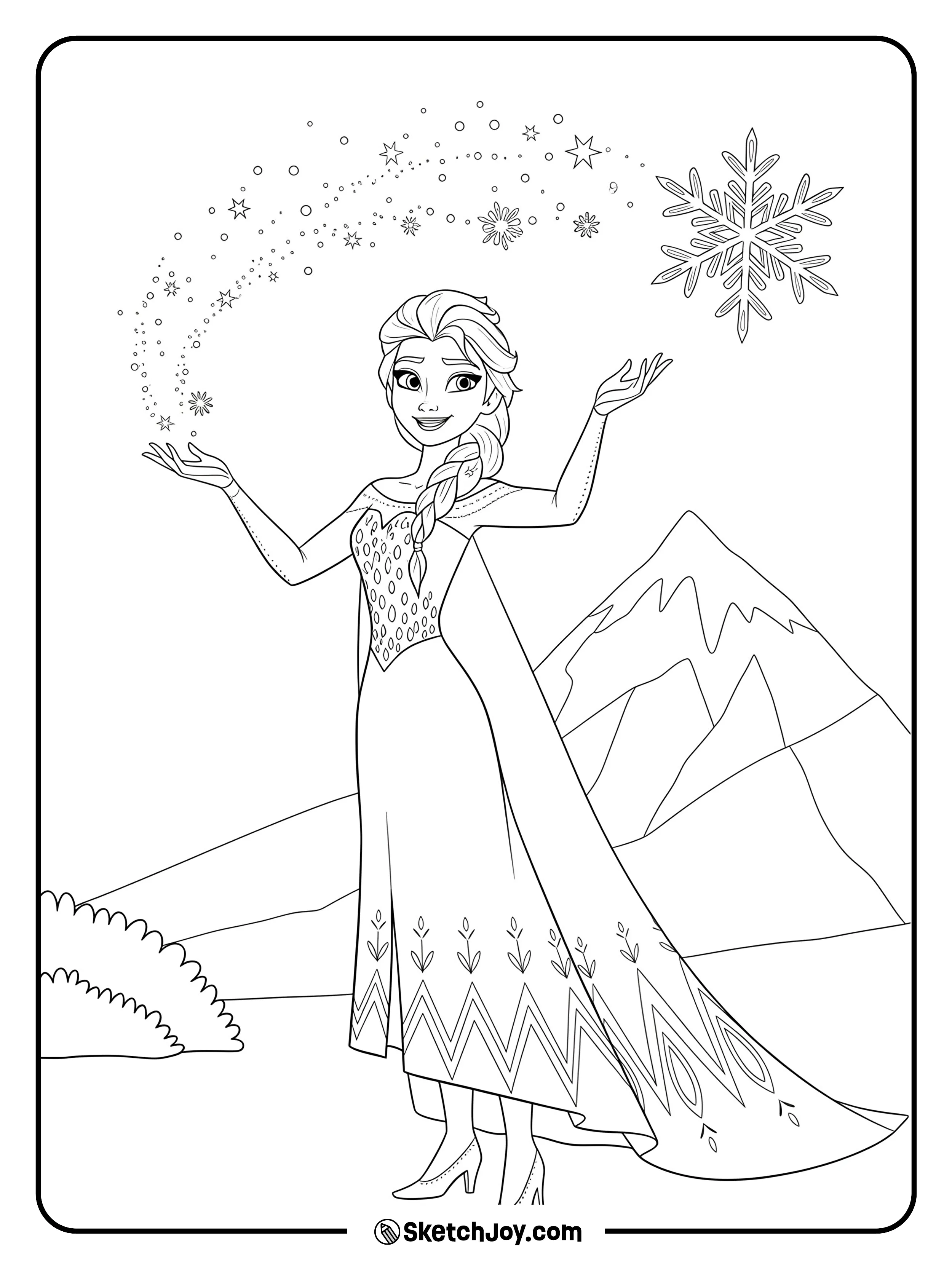 Elsa is mid-action casting one of her magical snow spells