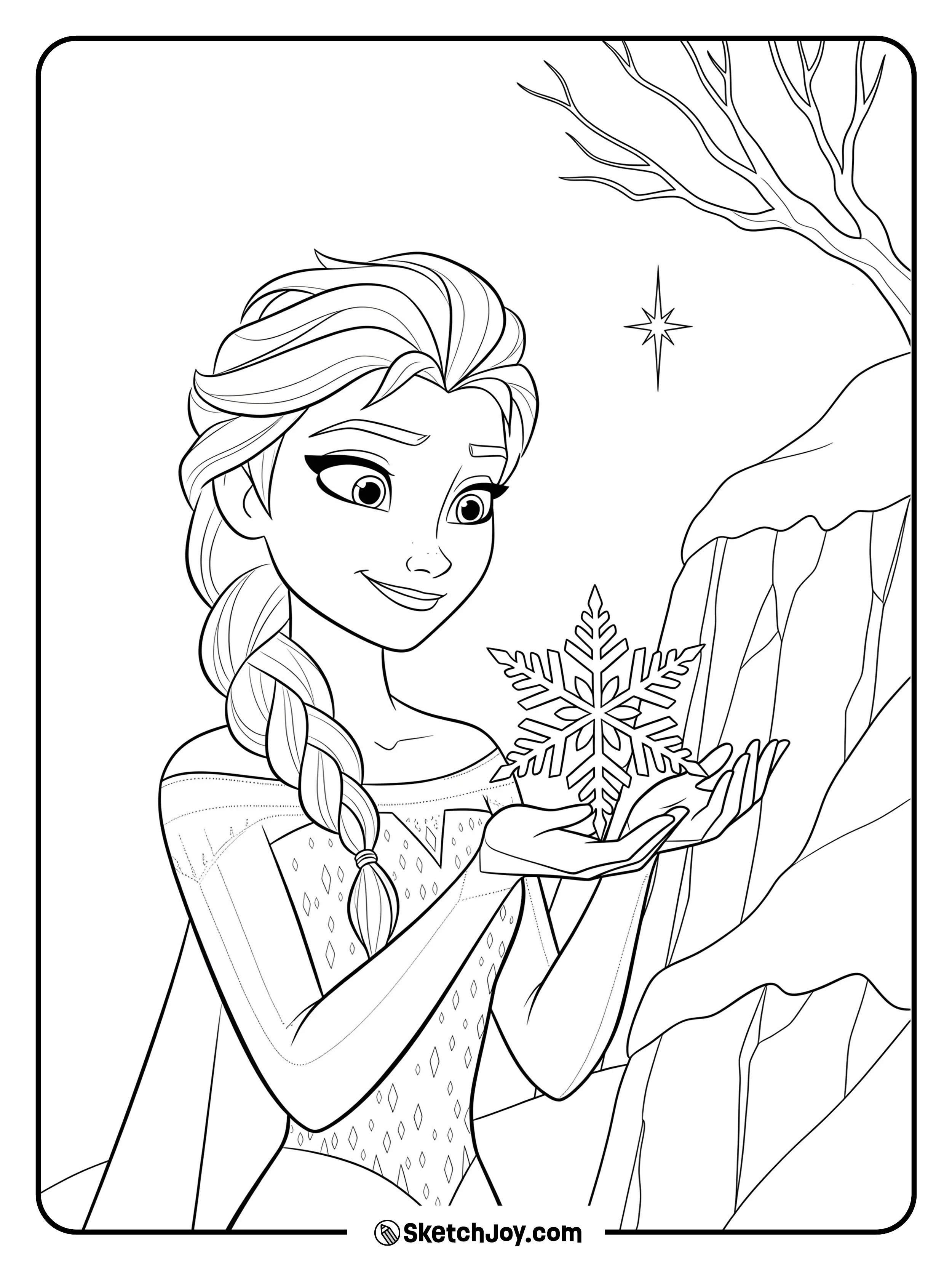 Elsa gently holds a snowflake in this calm and magical scene