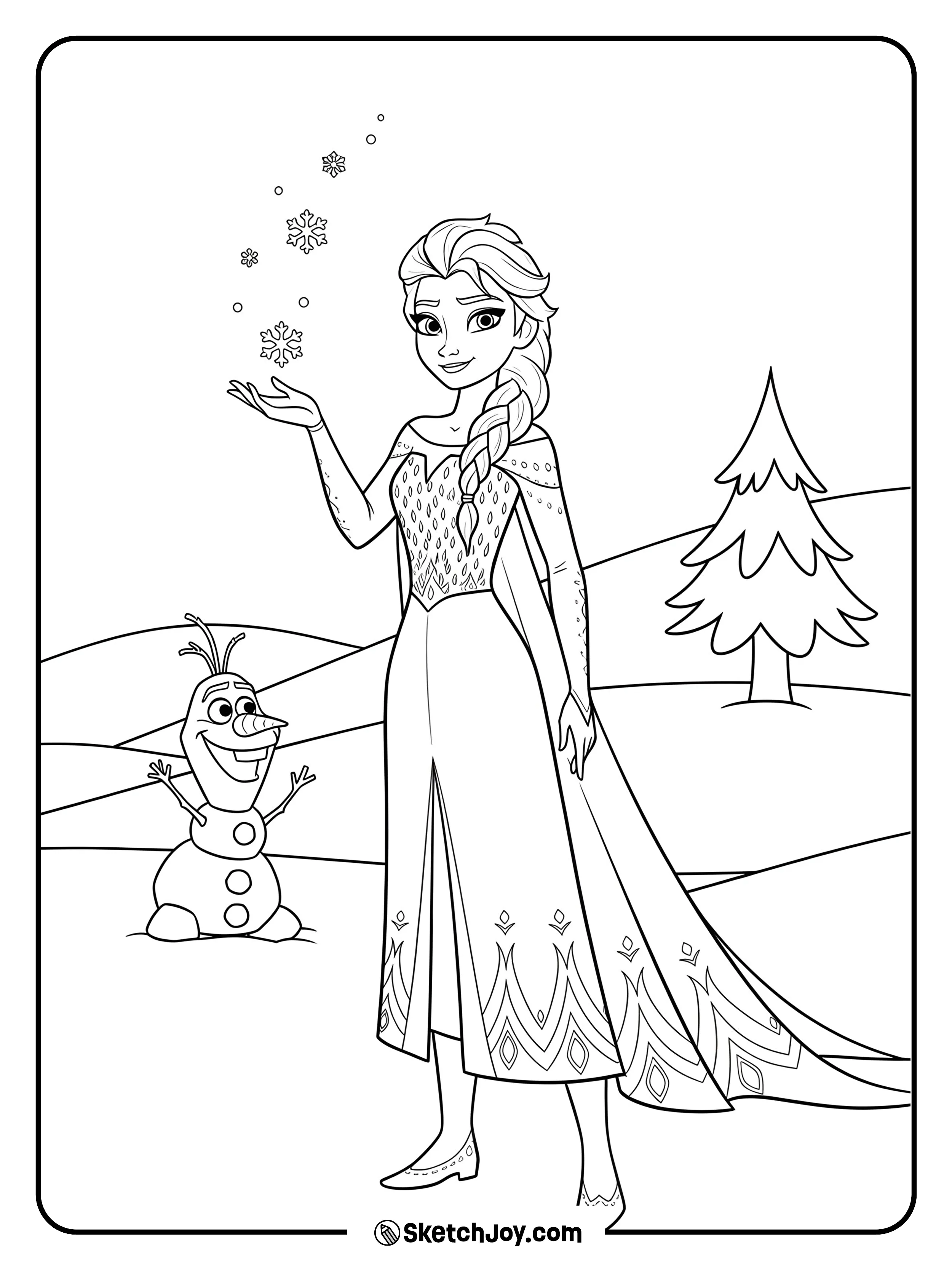 Elsa standing gracefully in the snow with Olaf