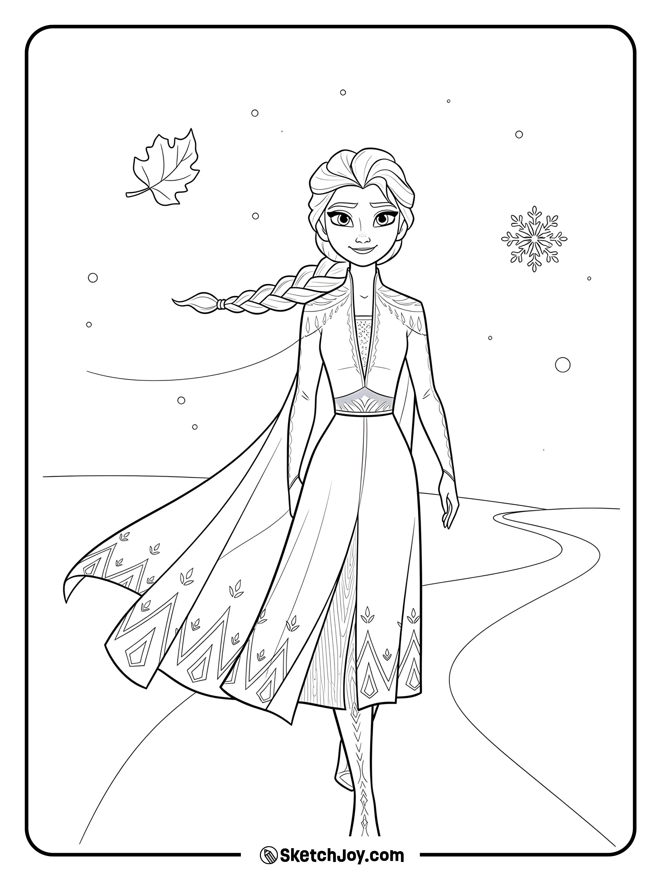 Elsa’s hair and cape flow in the wind