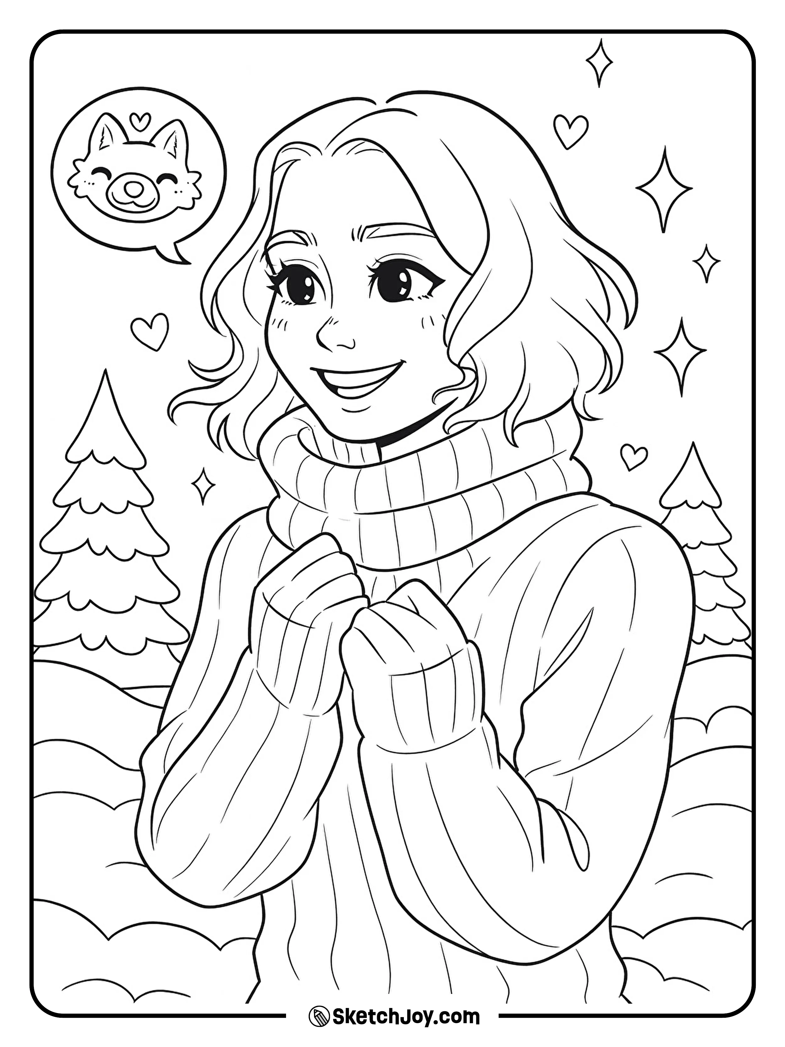 Enid in a chunky sweater with a wolf doodle.