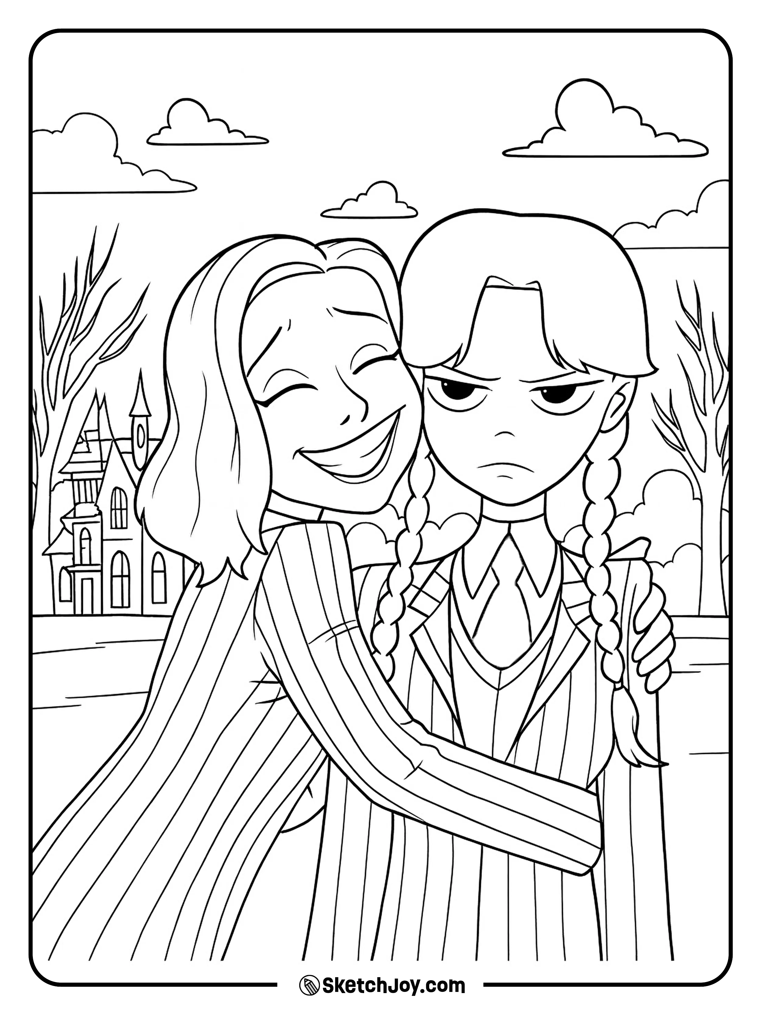 Enid hugs Wednesday; close-up.
