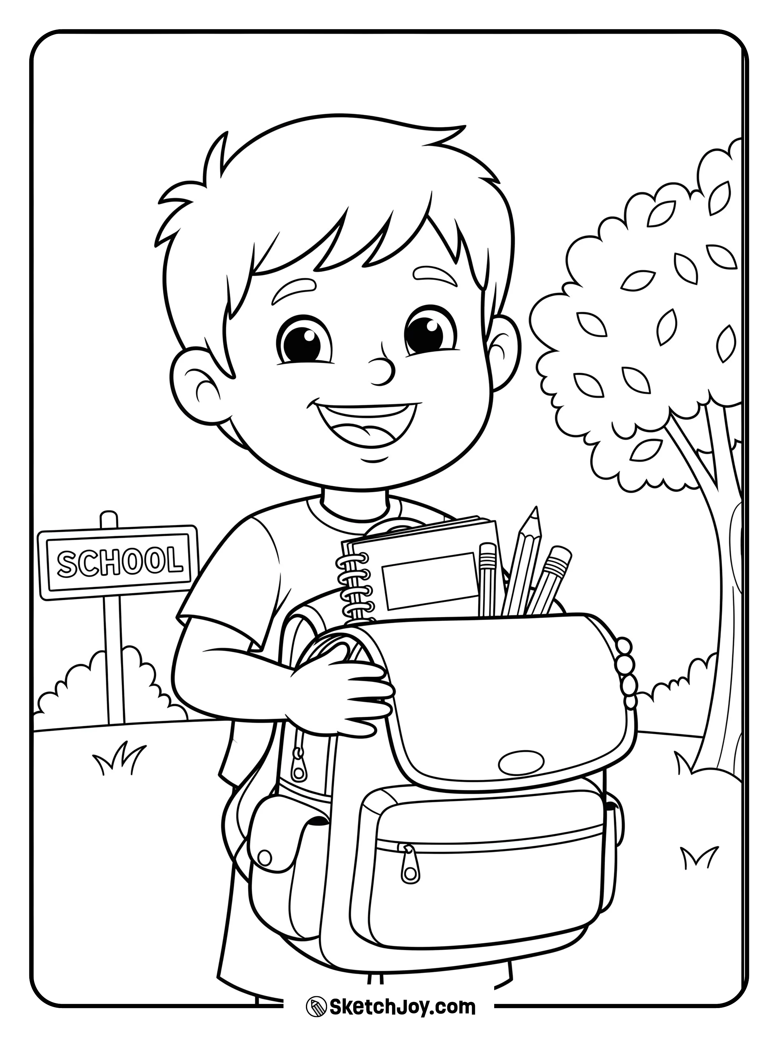 A cheerful kid holding their brand-new backpack, ready for the first day of school.