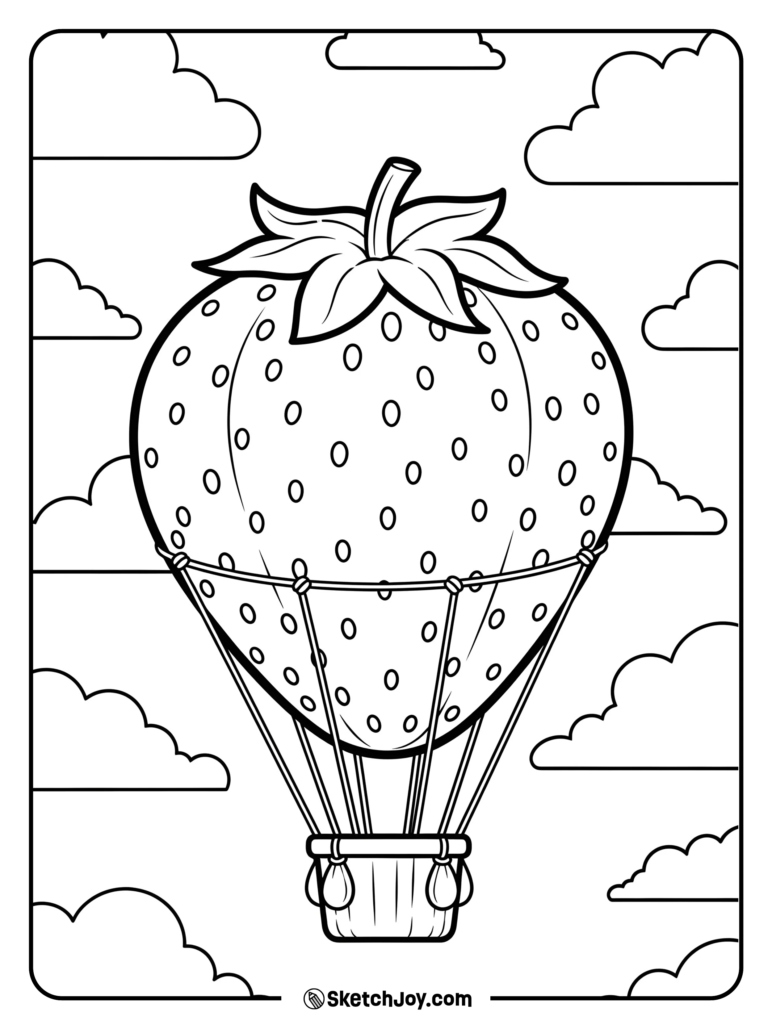 A strawberry floats in the air like a hot air balloon, with clouds around.