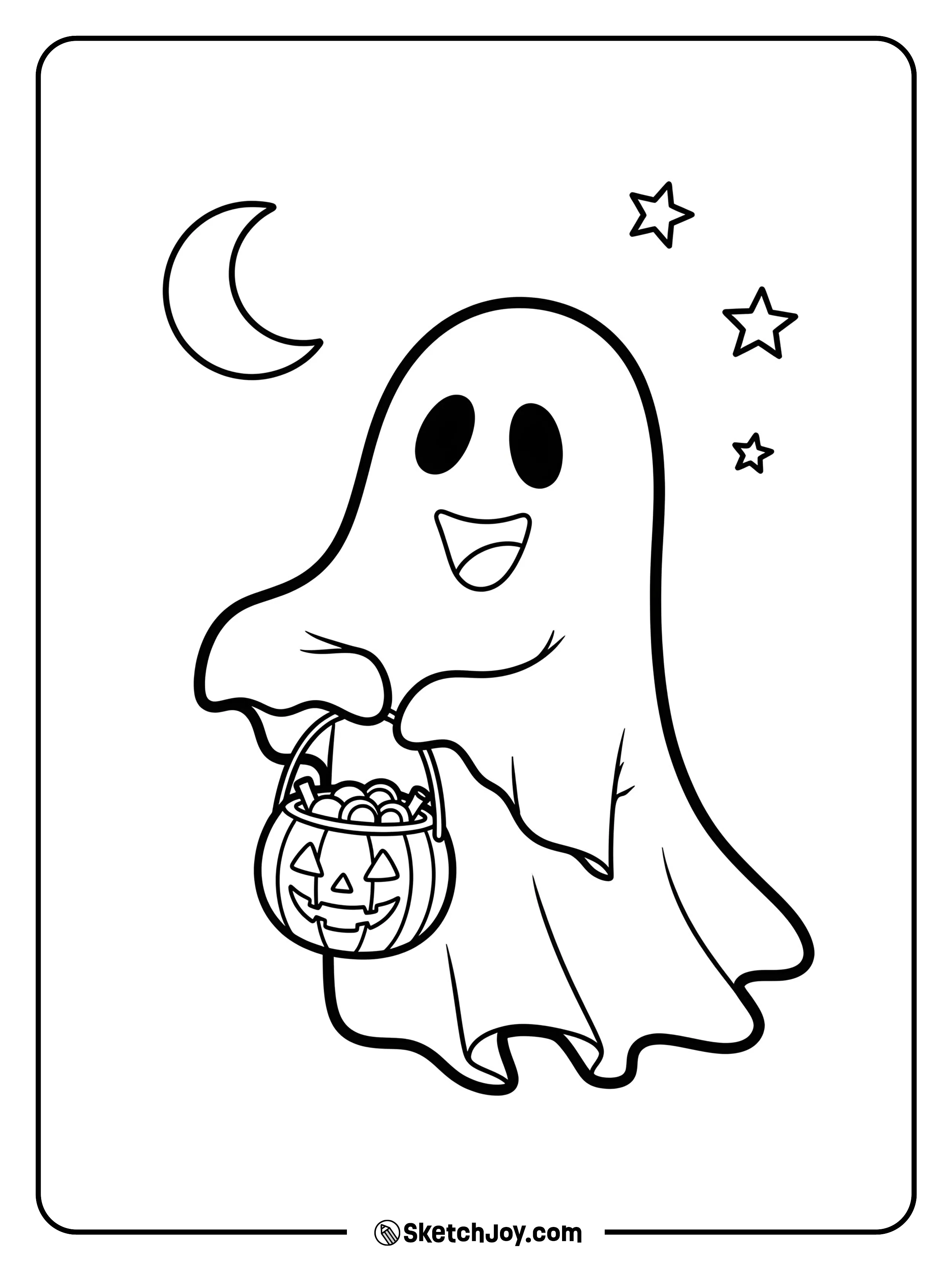 A cheerful ghost floats while holding a pumpkin-shaped bucket.
