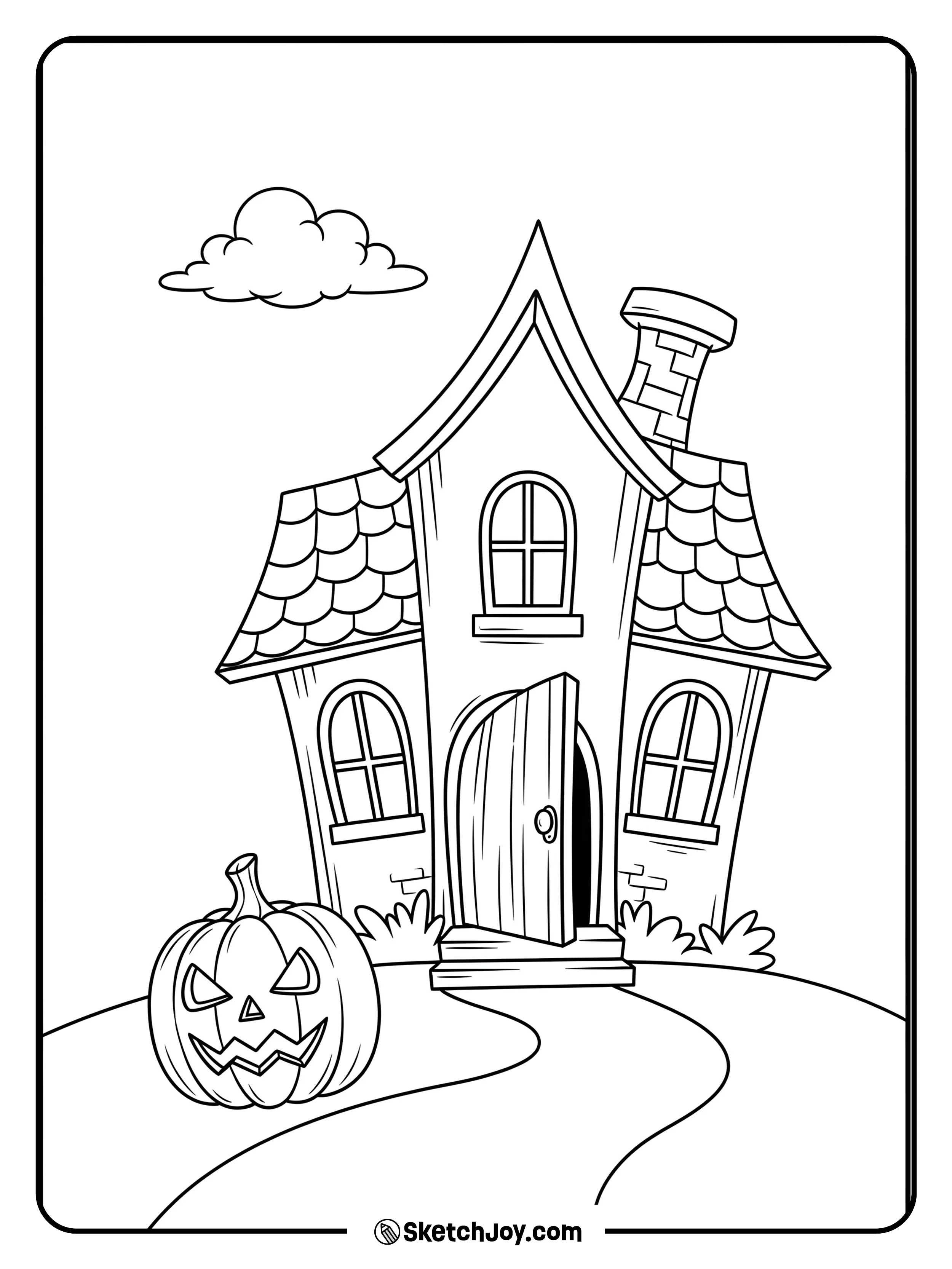 A small house with two windows and a door stands on a slight hill.