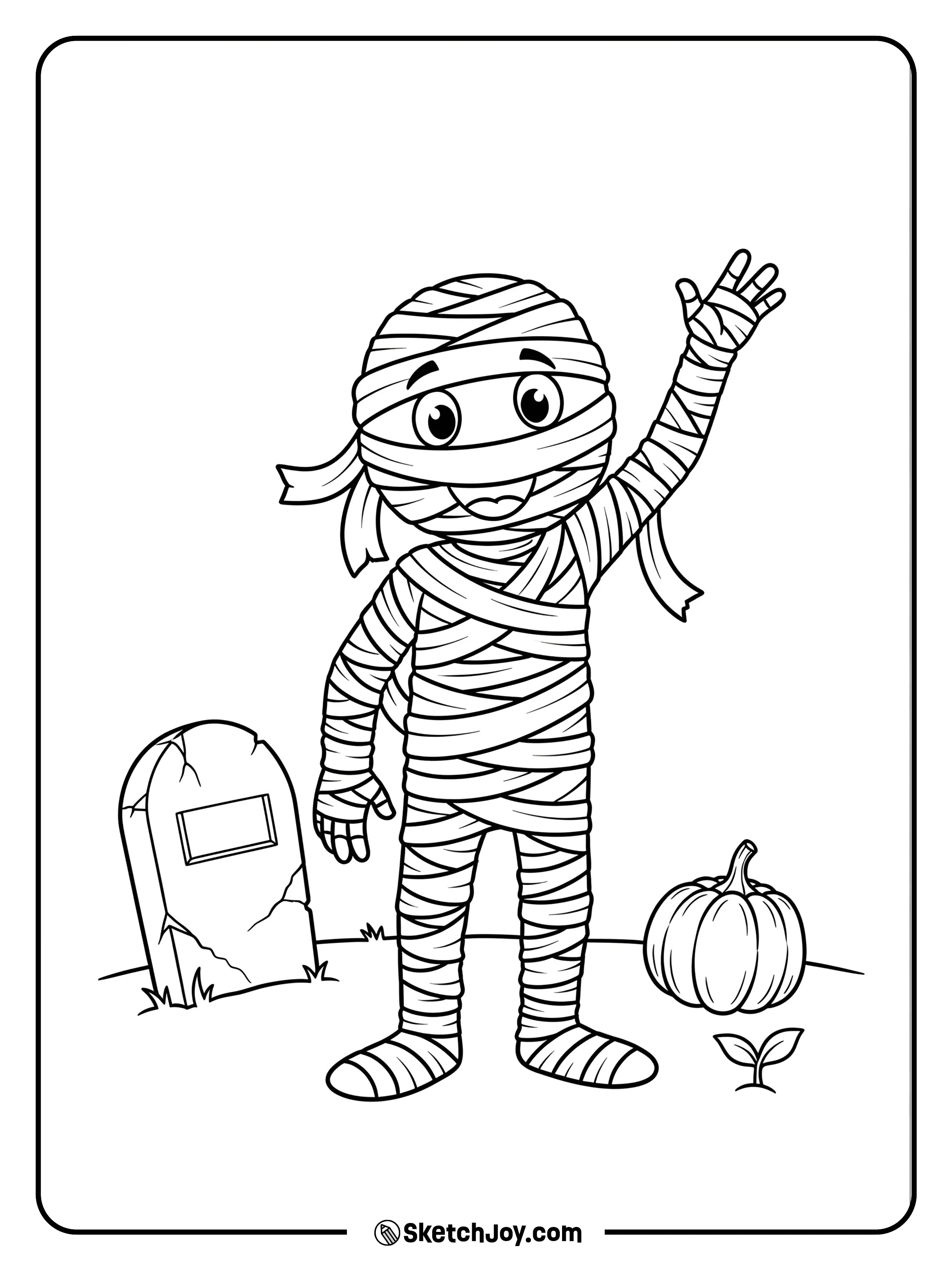 A wrapped figure lifts a hand in a friendly wave.
