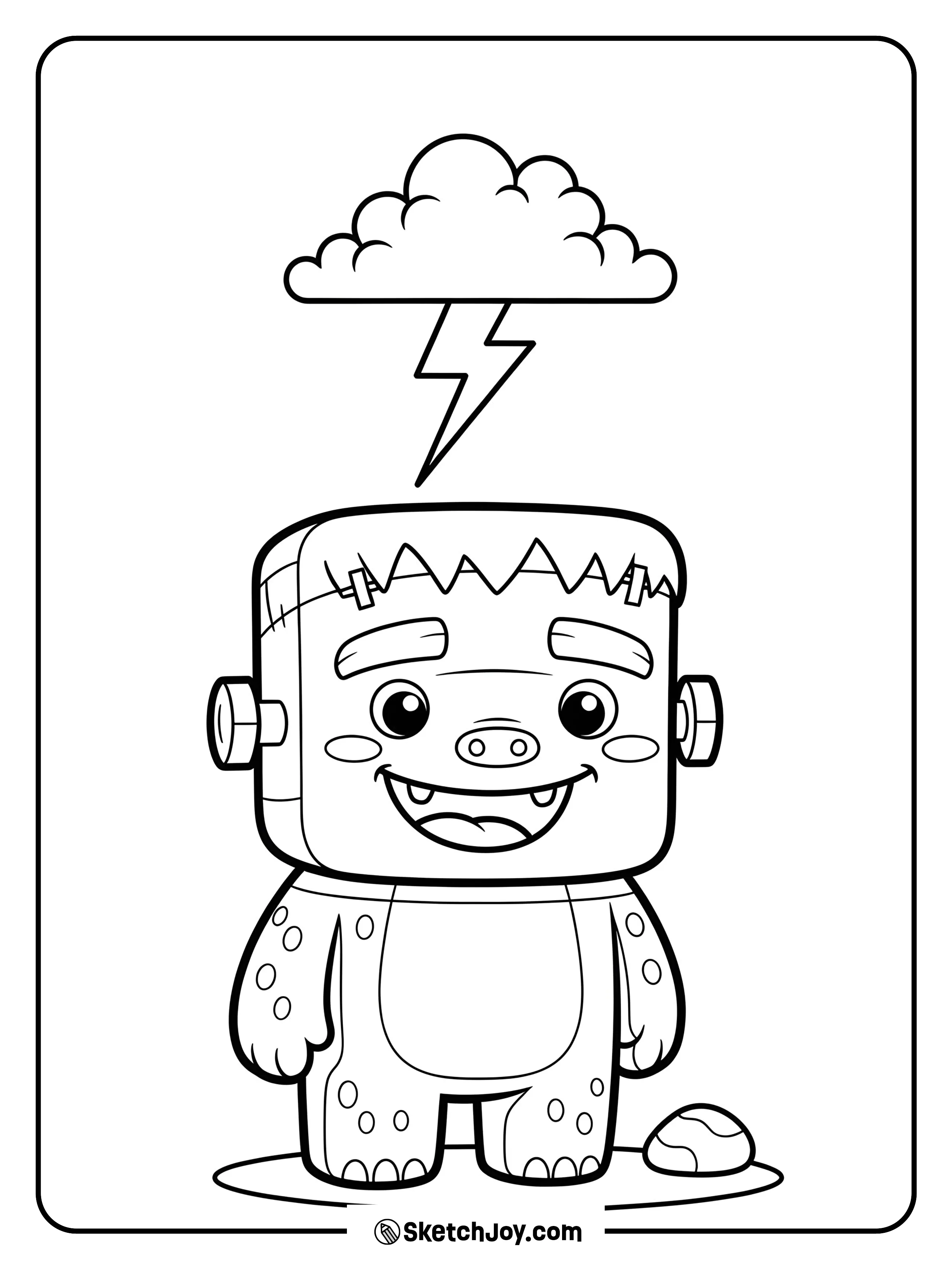 A square-headed figure with bolts and stitches raises one hand.