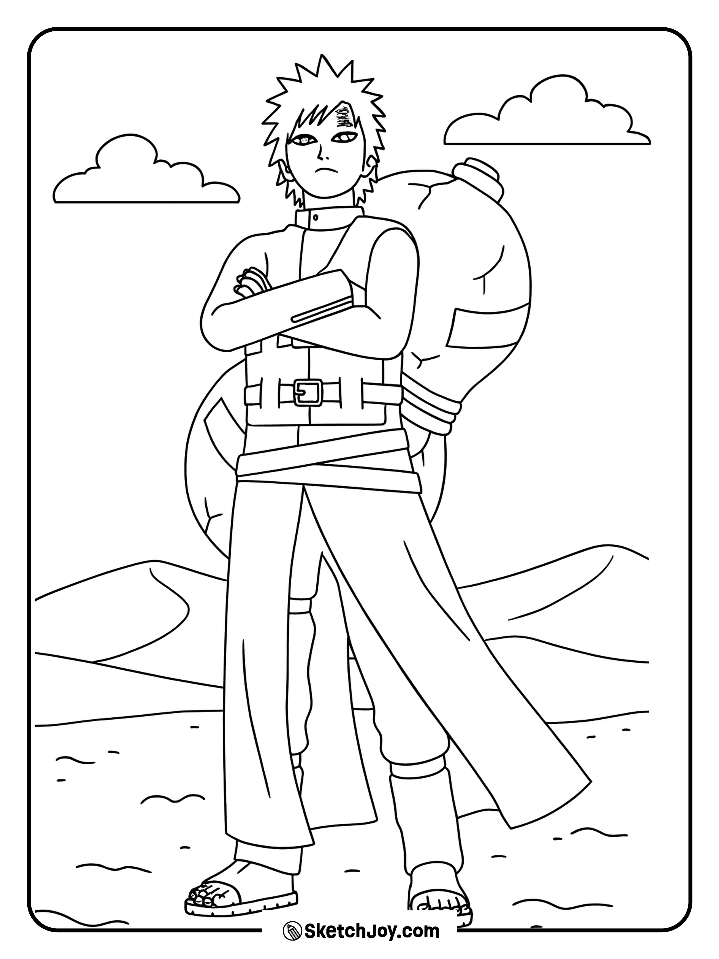 Gaara stands calmly, his sand gourd on his back.