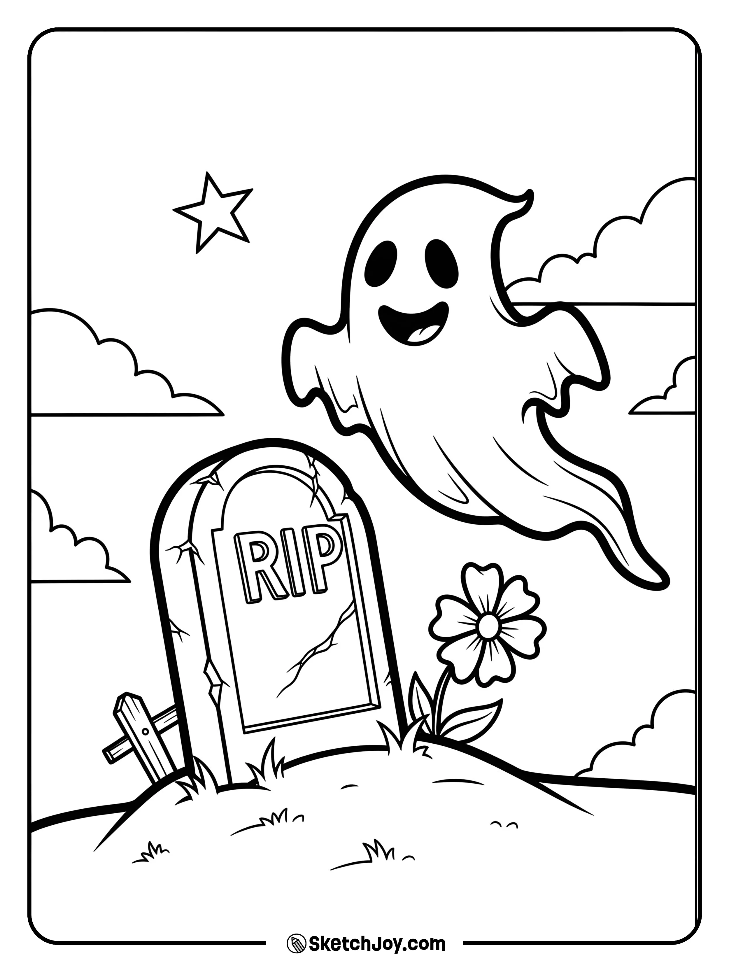 A smiling ghost hovers near a single tombstone