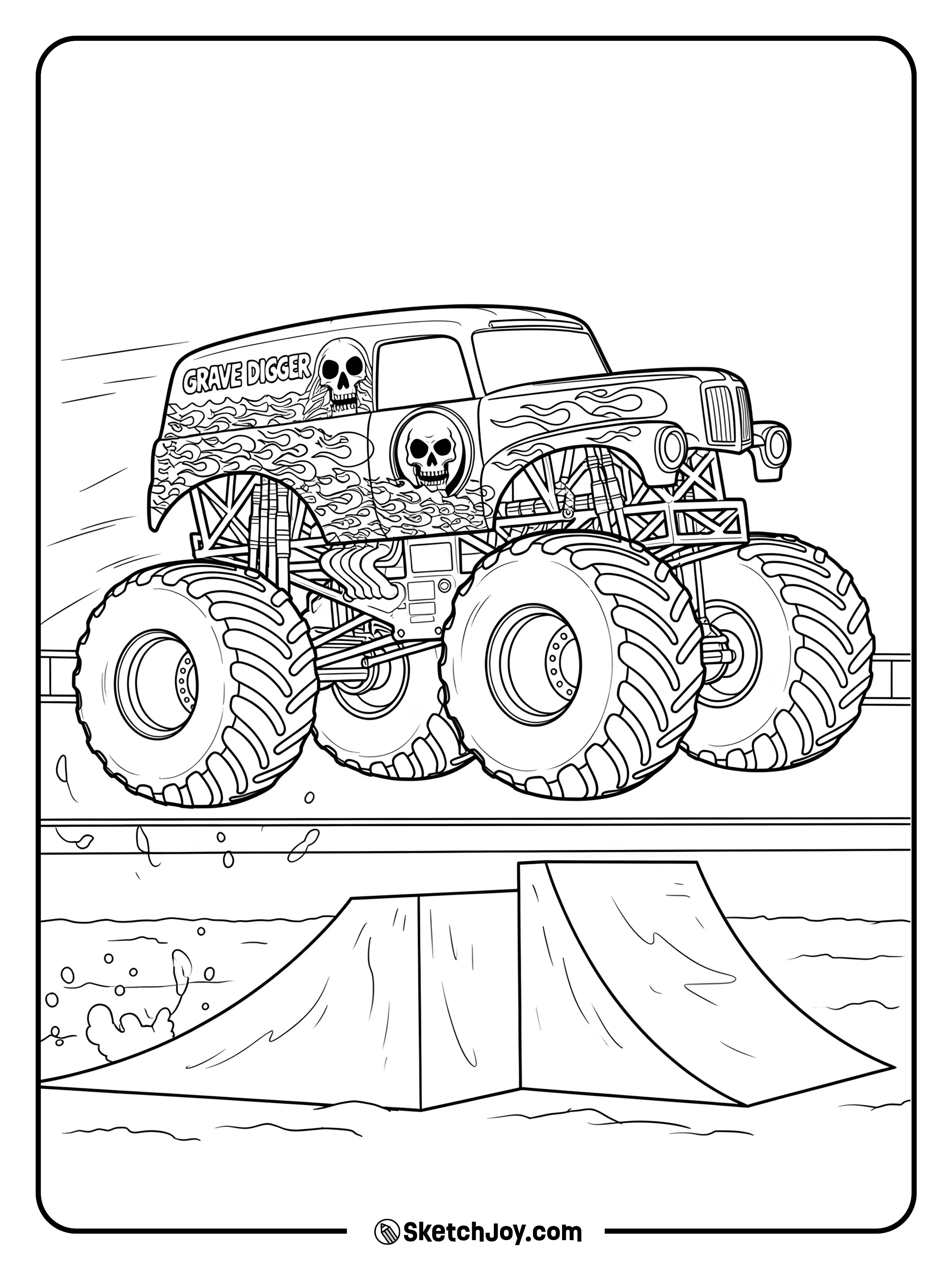 The iconic Grave Digger monster truck is jumping.