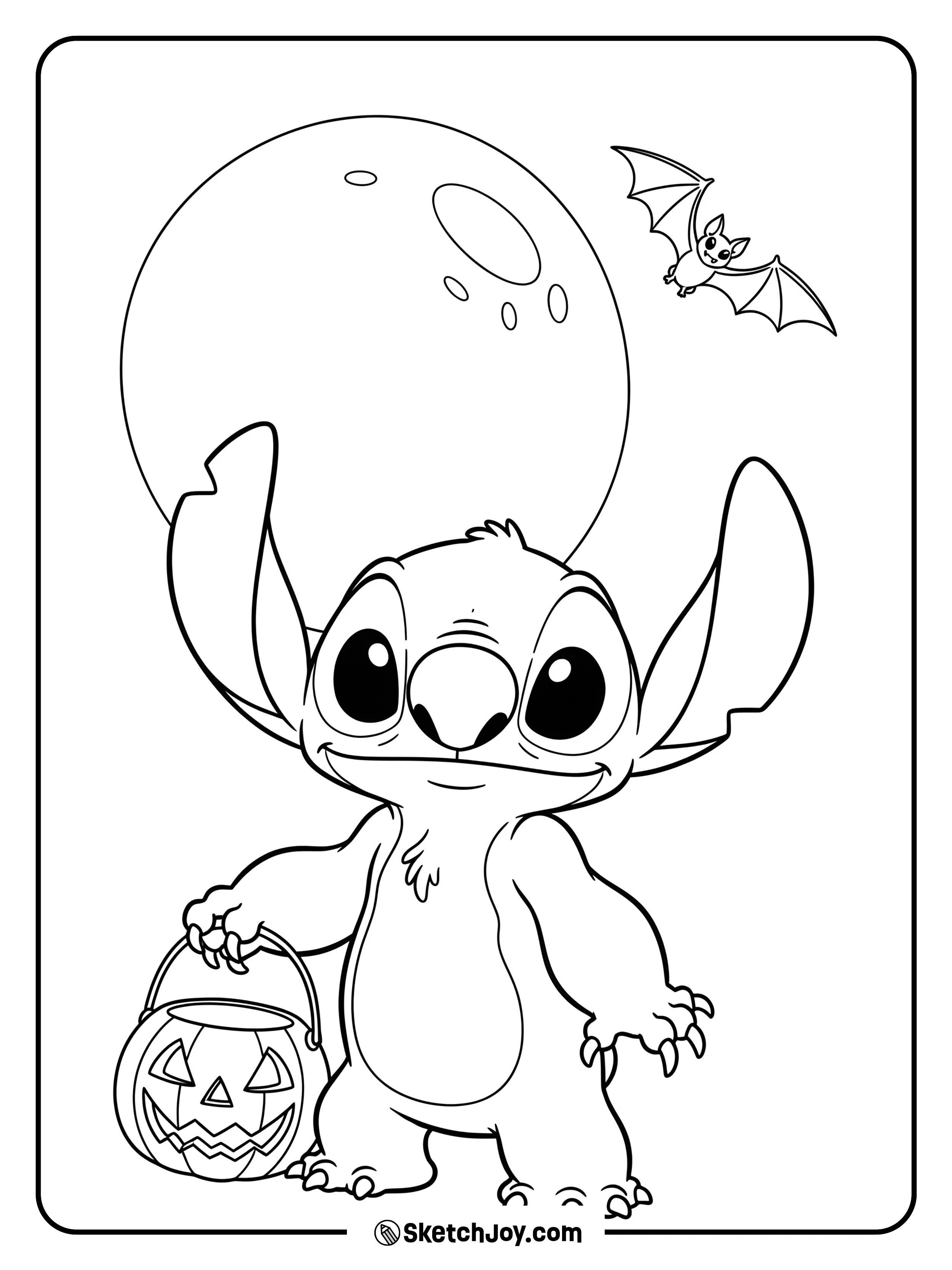 Stitch holds a small jack-o’-lantern bucket.
